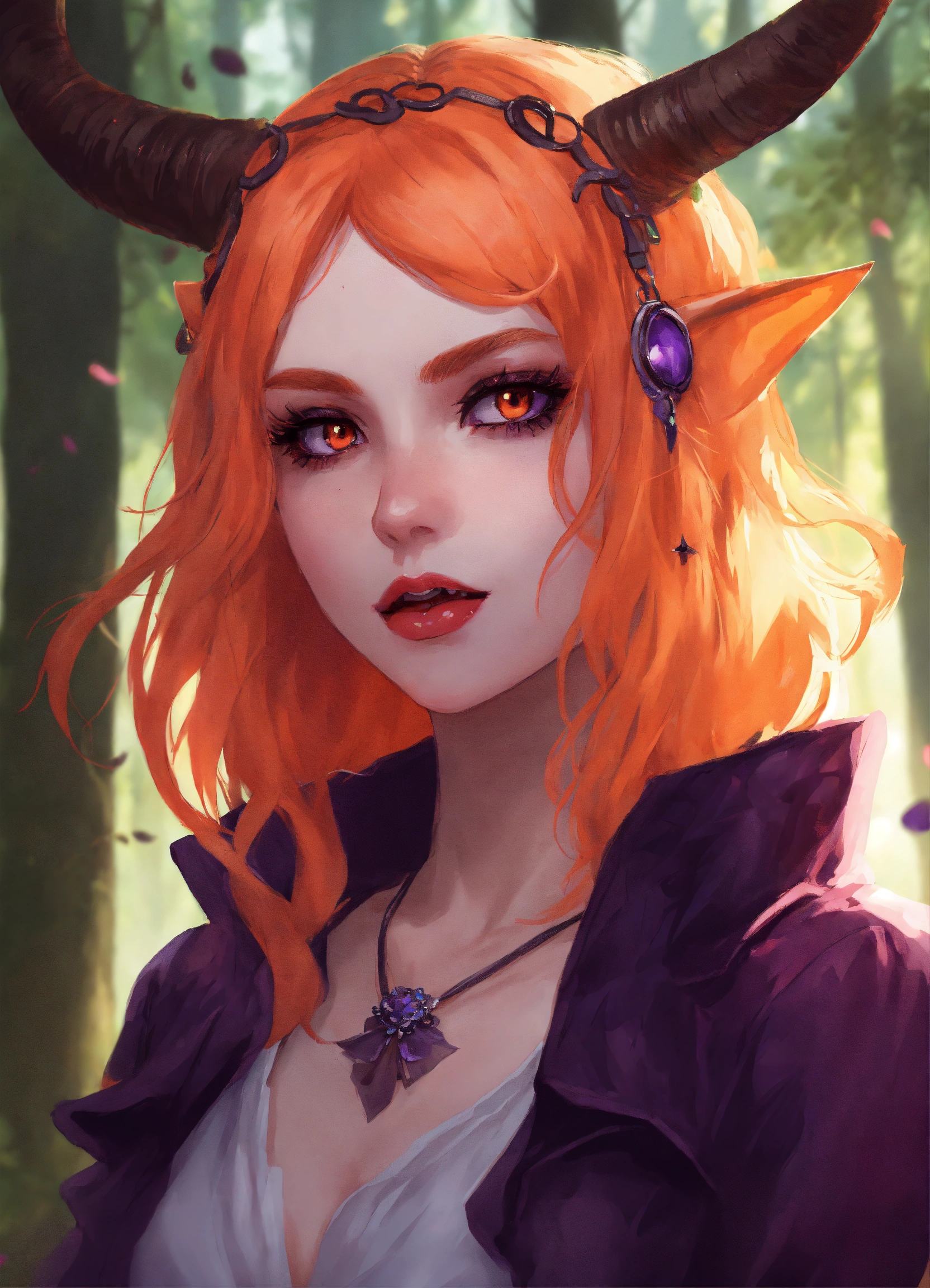 Lexica - 2d vampire girl, pastel orange hair, violet eyes, horn halo ...