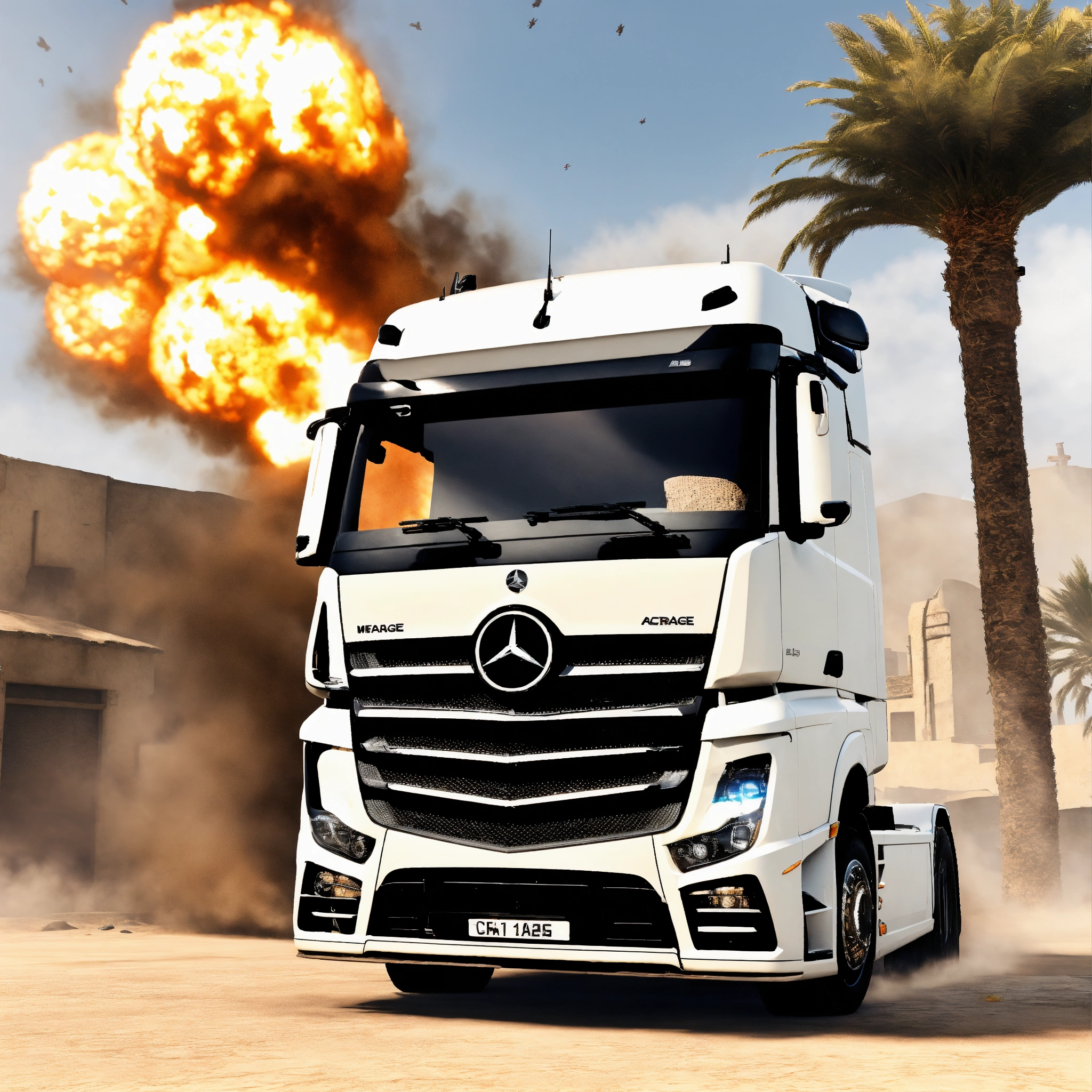 Lexica - A front head-on view of a white Mercedes actros truck, in the ...