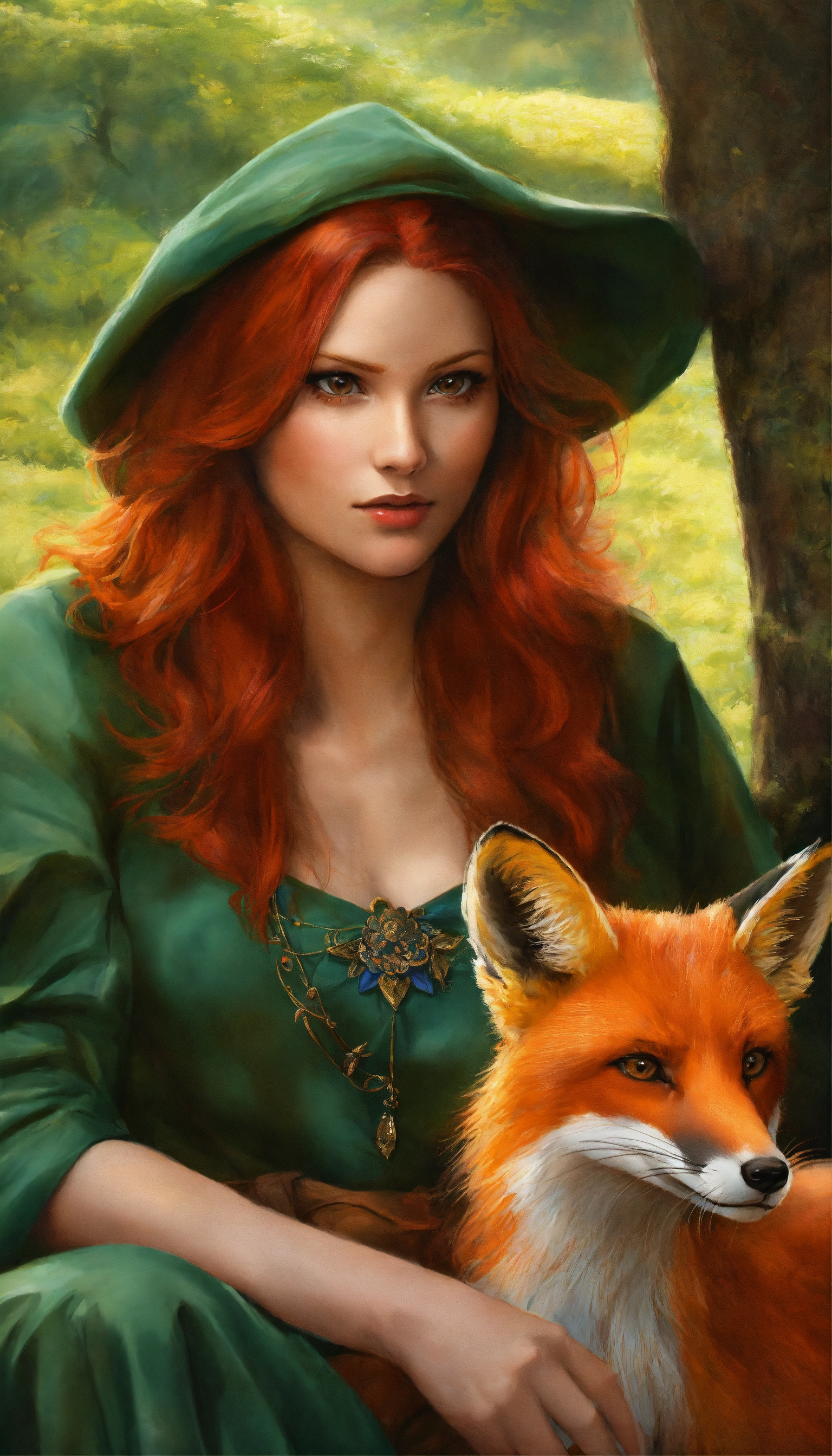 Lexica Drawing Of A Redheaded Woman With A Cunning Look Stroking A Fox Realistic