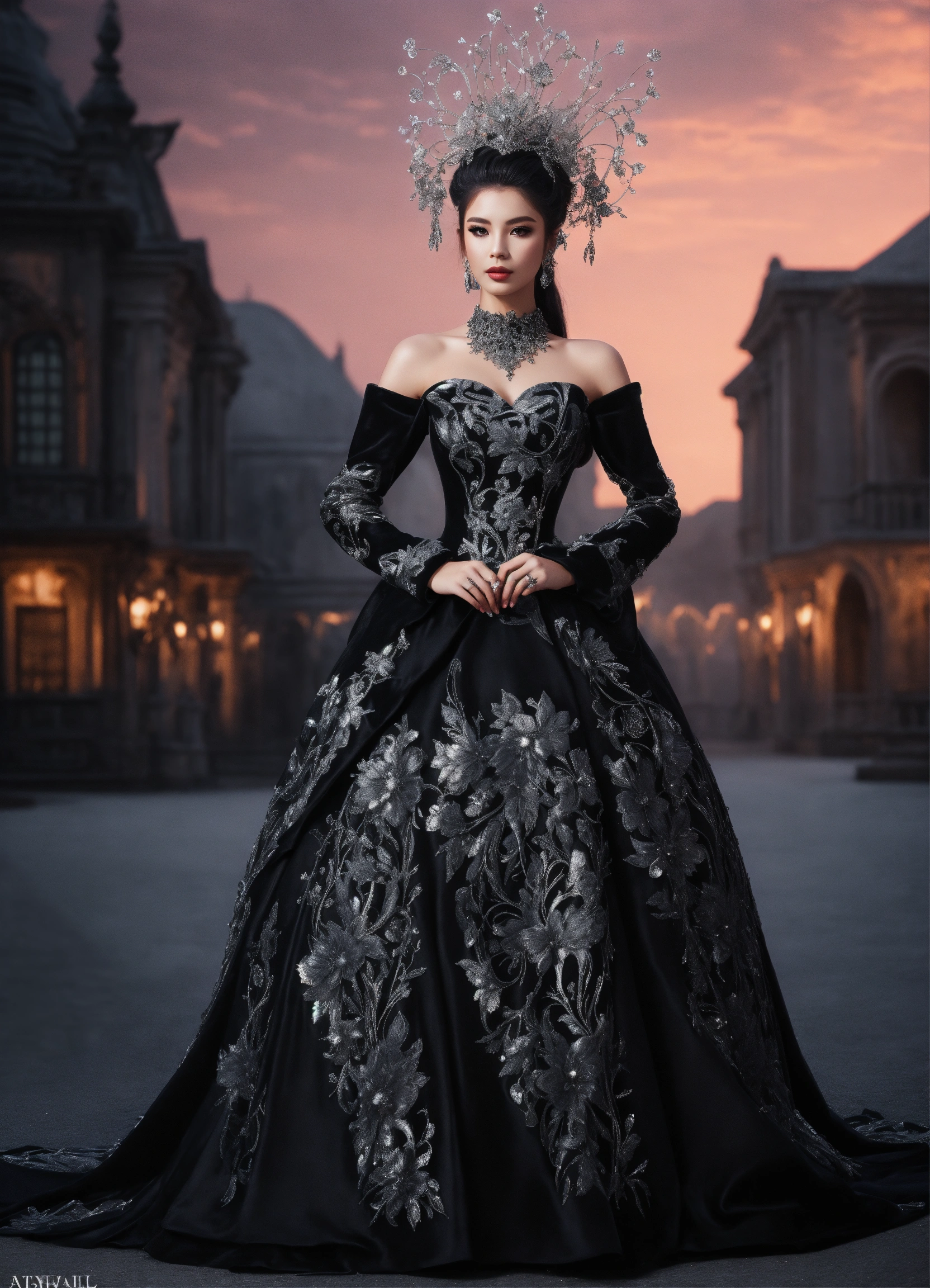 Lexica - JiU extravagant black and silver dark fantasy style ball gown ...