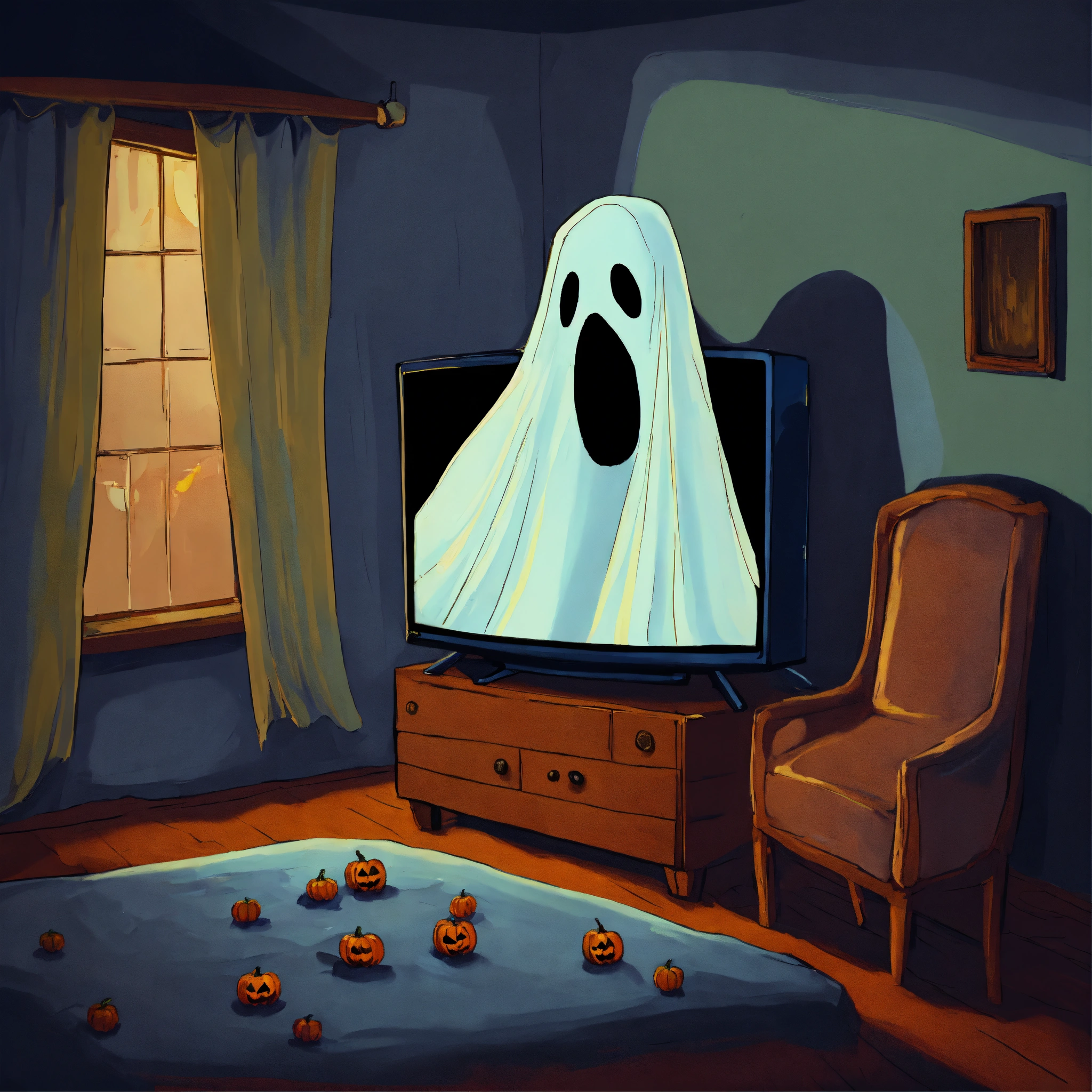 Lexica - A painting of a bedsheet ghost watching scary movies on a ...