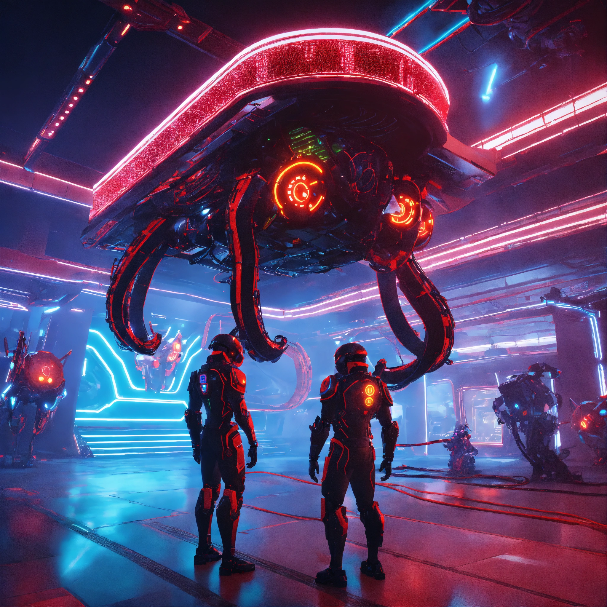Lexica - 2 flying black patrol bots with robotic tentacles, scanning a ...
