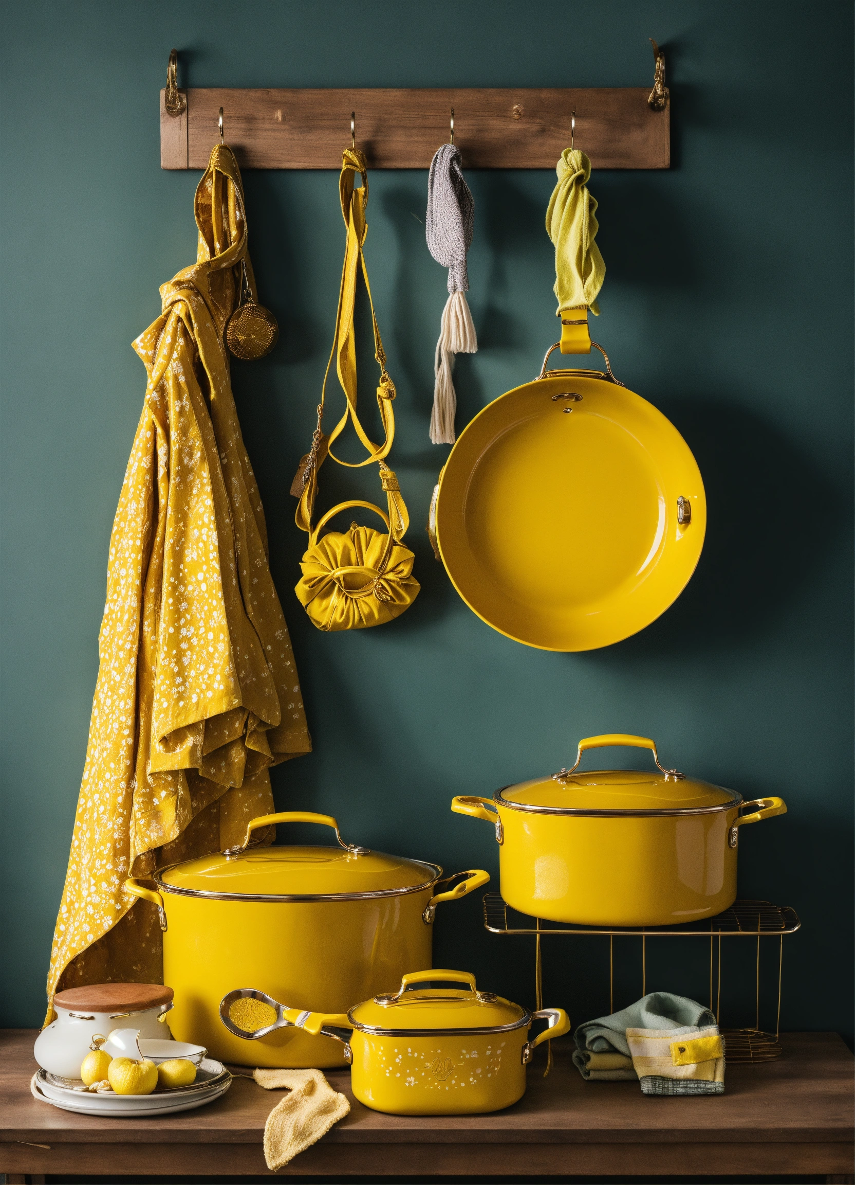 Lexica - Different elements of yellow cookware and a luxury hand bag ...