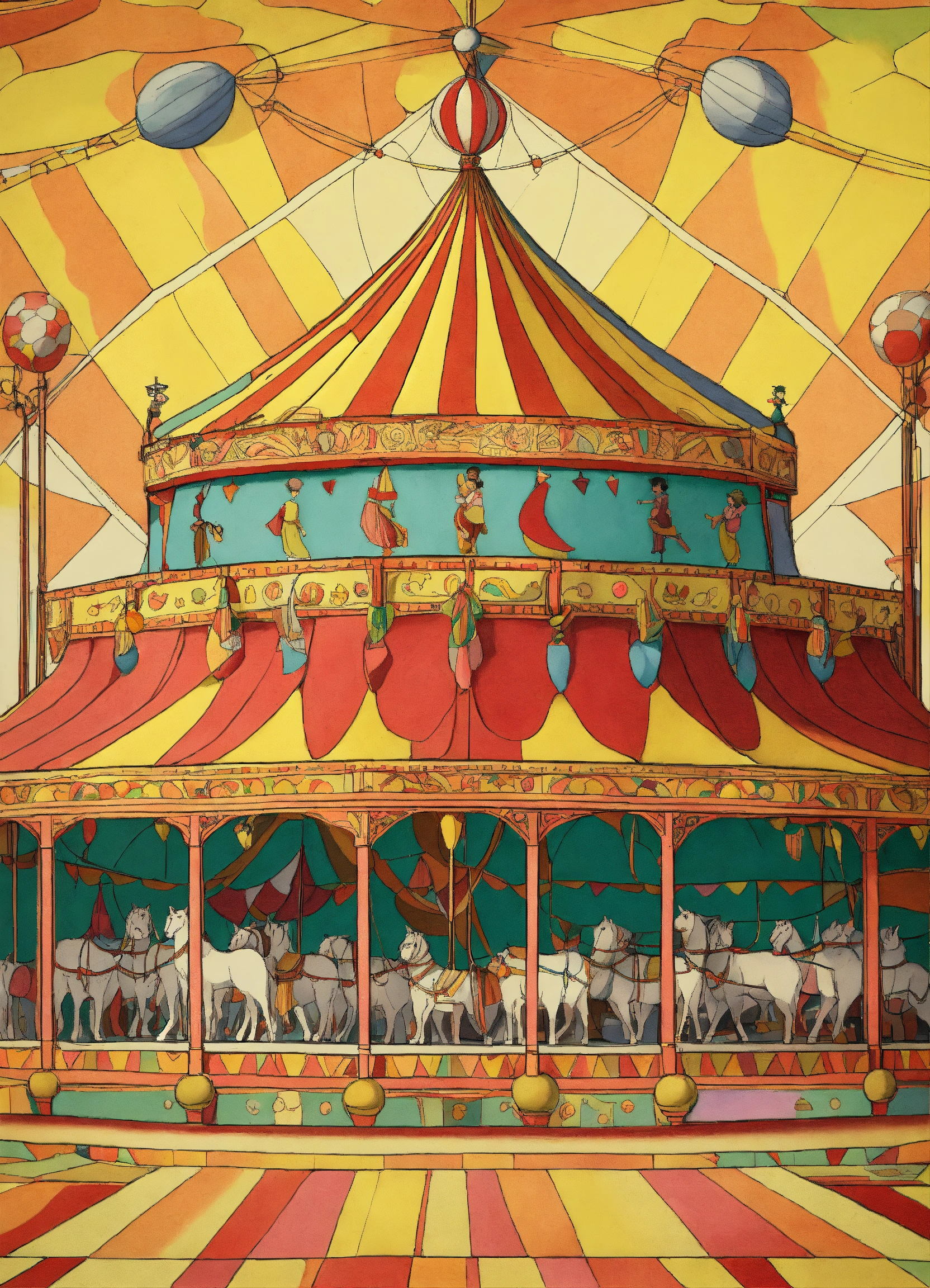 Lexica - Circus. Drawing an external view of a circus in the 50's. Line ...