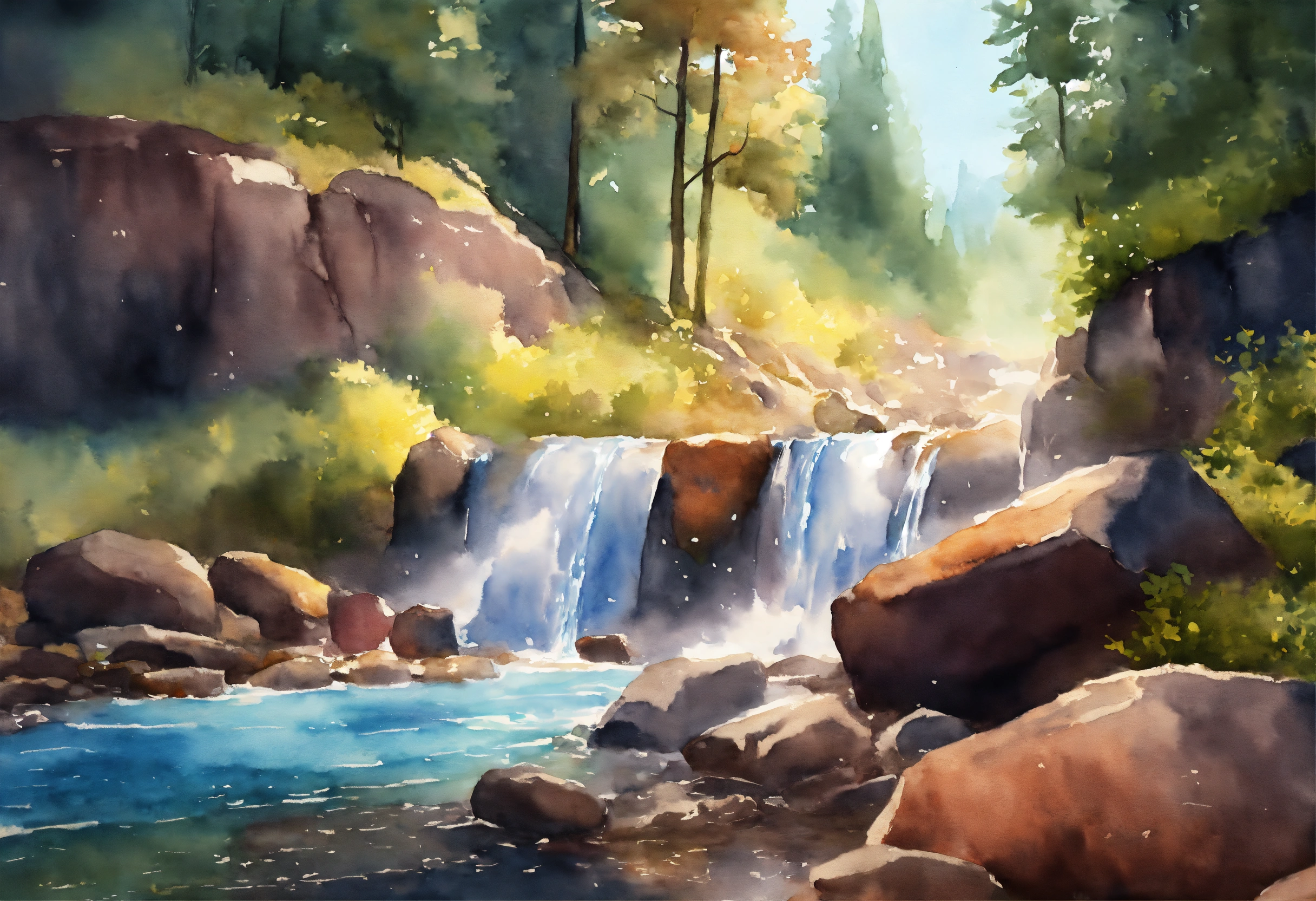 Lexica - Waterfall watercolor paint with rocks on side, 8k