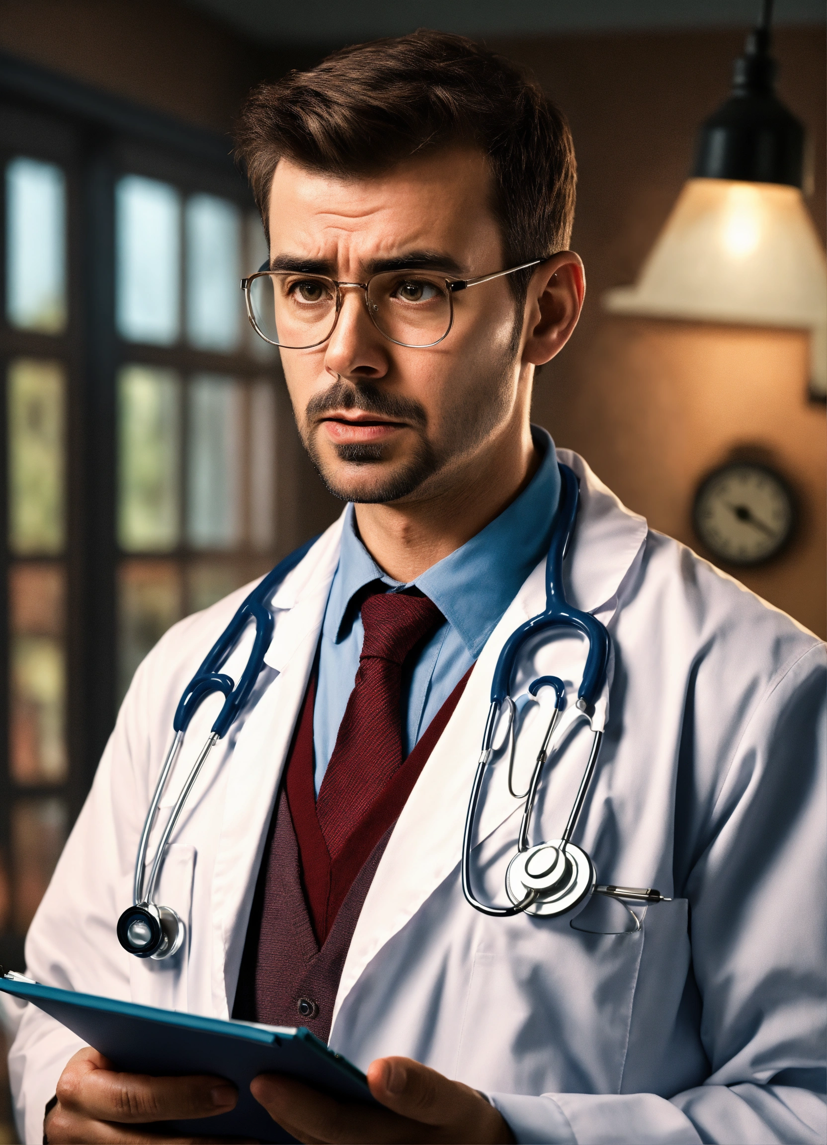 Lexica - A realistic scene of a confused doctor.