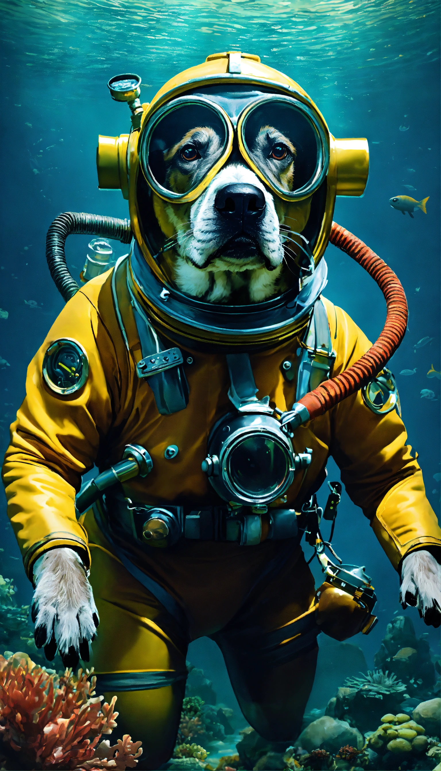 Lexica - Create an image of a dog pedaling through the ocean depths in ...