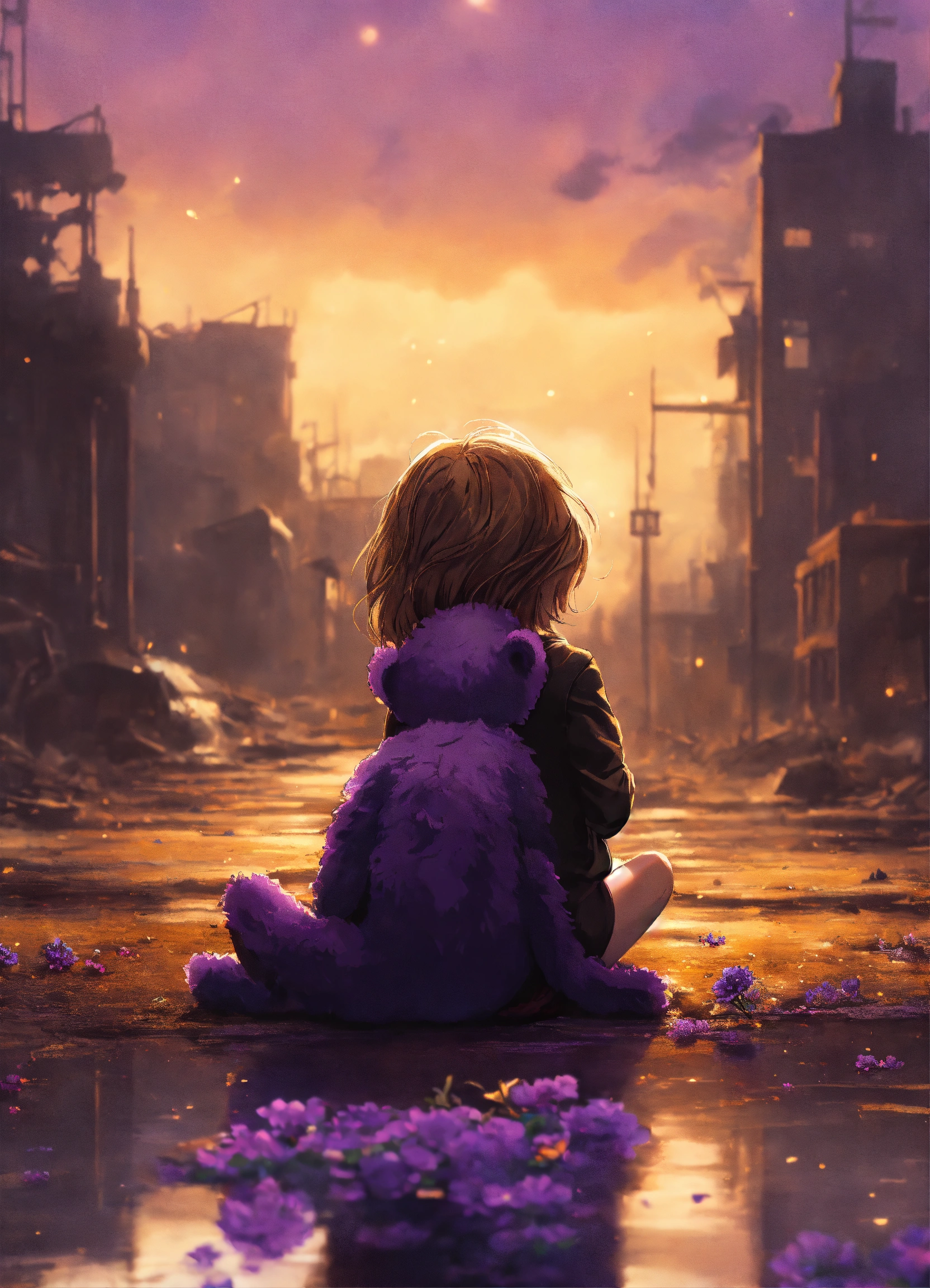 Lexica - In a destroy city a little girl from behind sitting on the ...