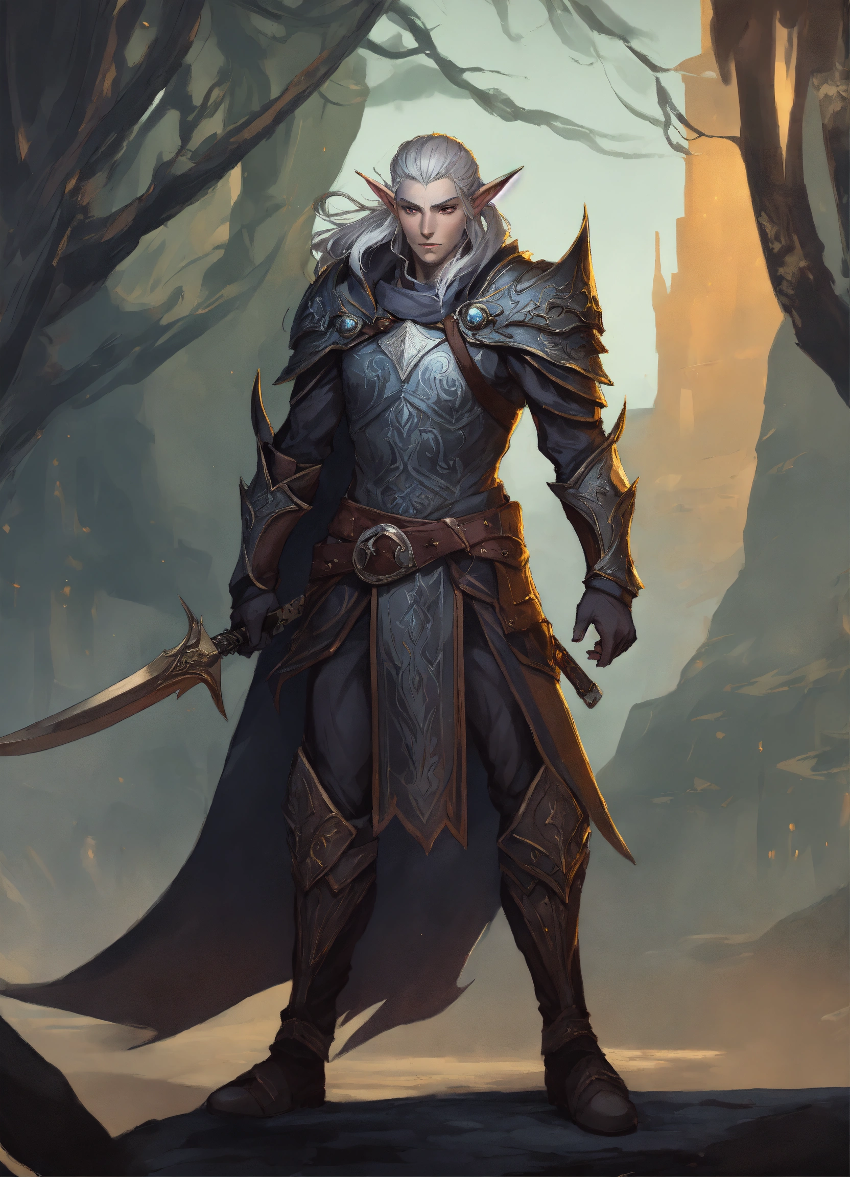 Lexica - Shadow Elf with Gray Skin, small pointy ear, defensive stance ...