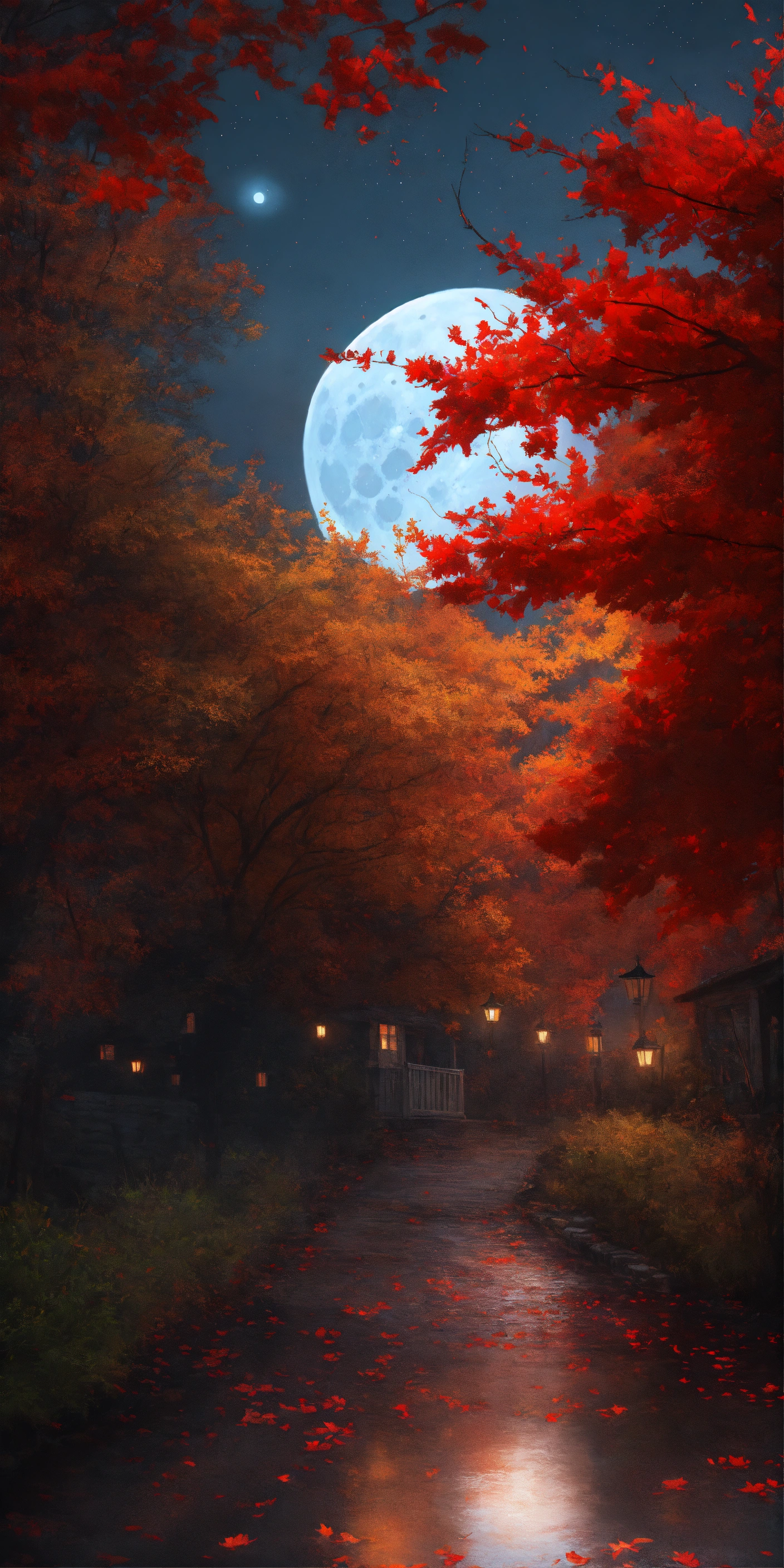 Lexica - Magical, moon, autumn, nightscape, red leaves, realistic,16k ...
