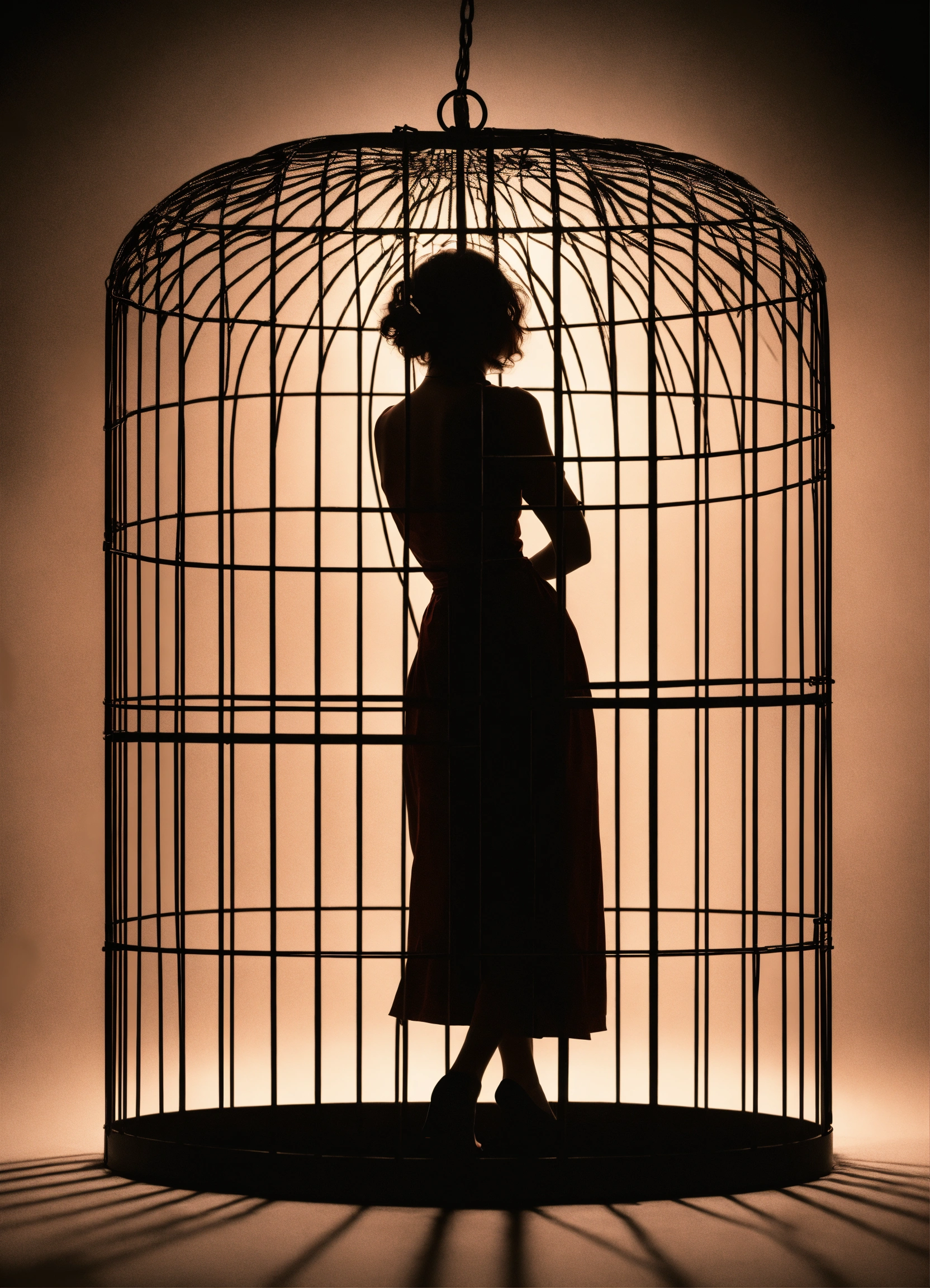 Lexica - The silhouette of a woman trapped in a cage, black background