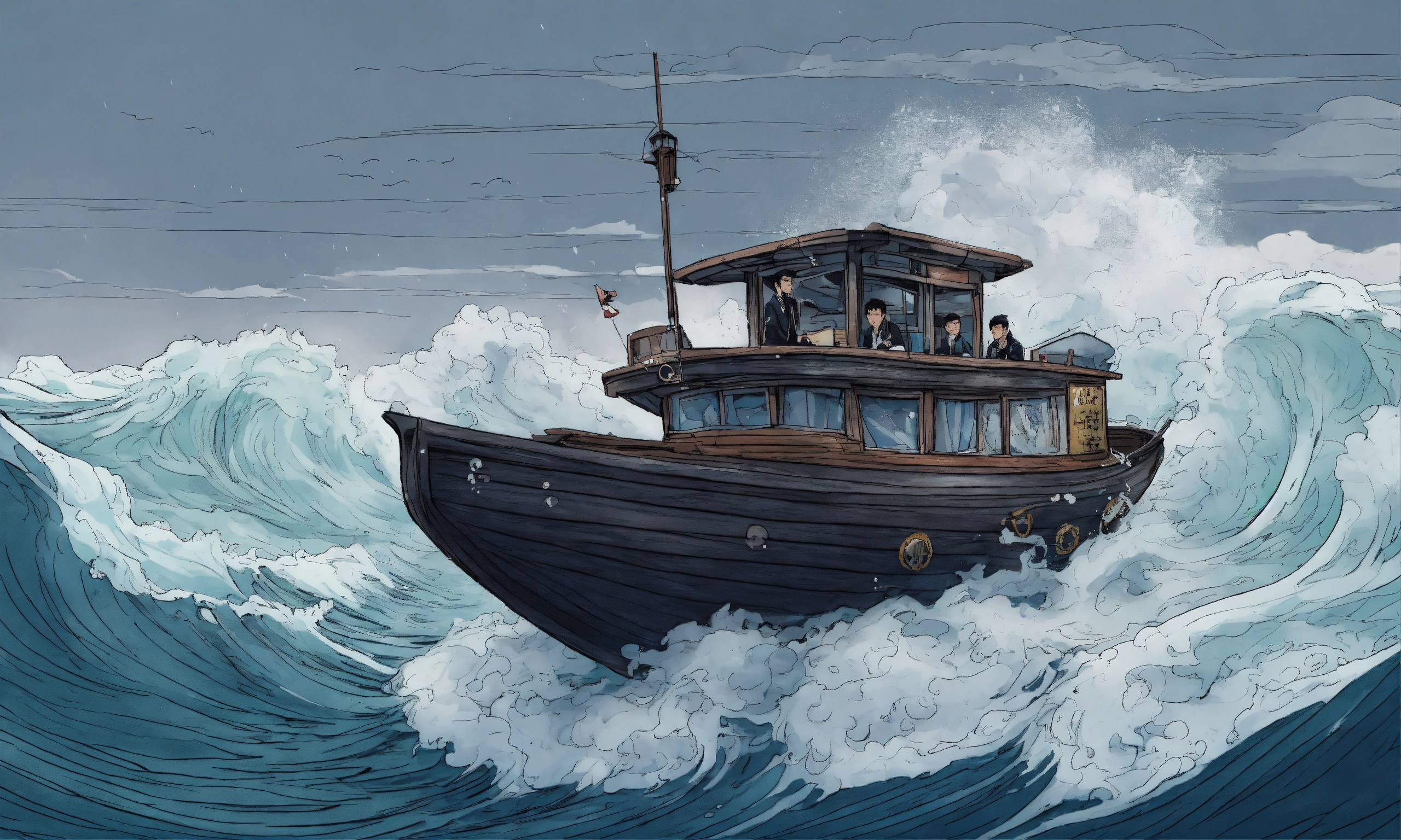 Lexica - Draw me a picture in the form of a comic book of a boat with ...