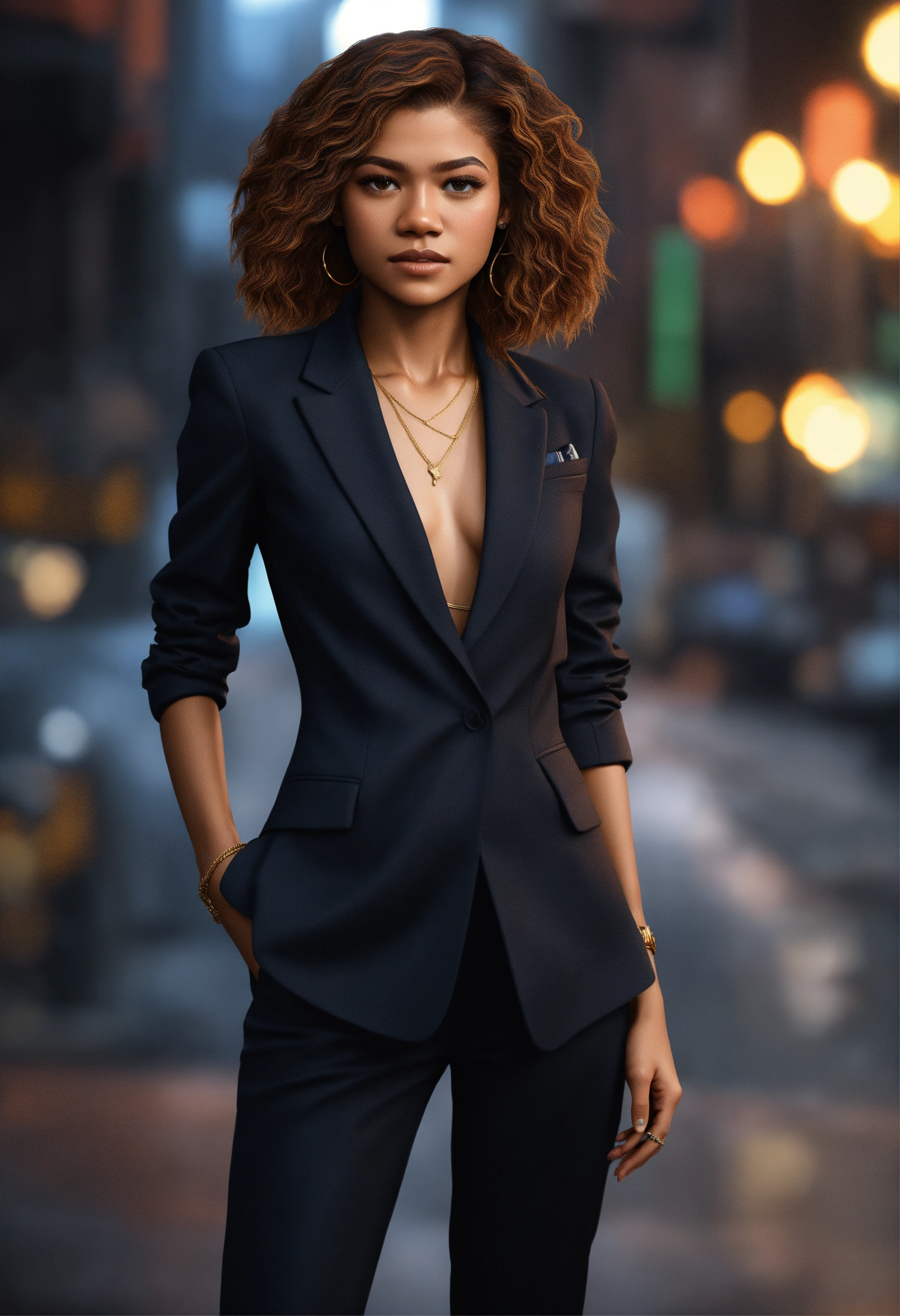 Lexica - Full body portrait, Zendaya, straight hair, black business