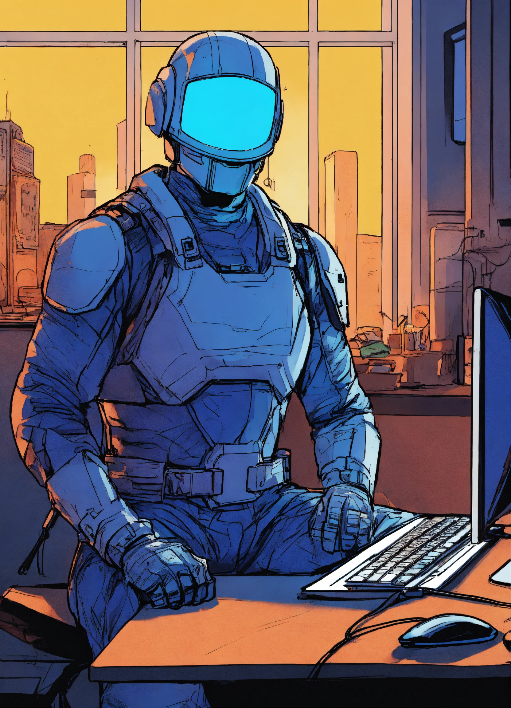 Lexica - A comic drawing Man sitting in front of a computer with a blue ...