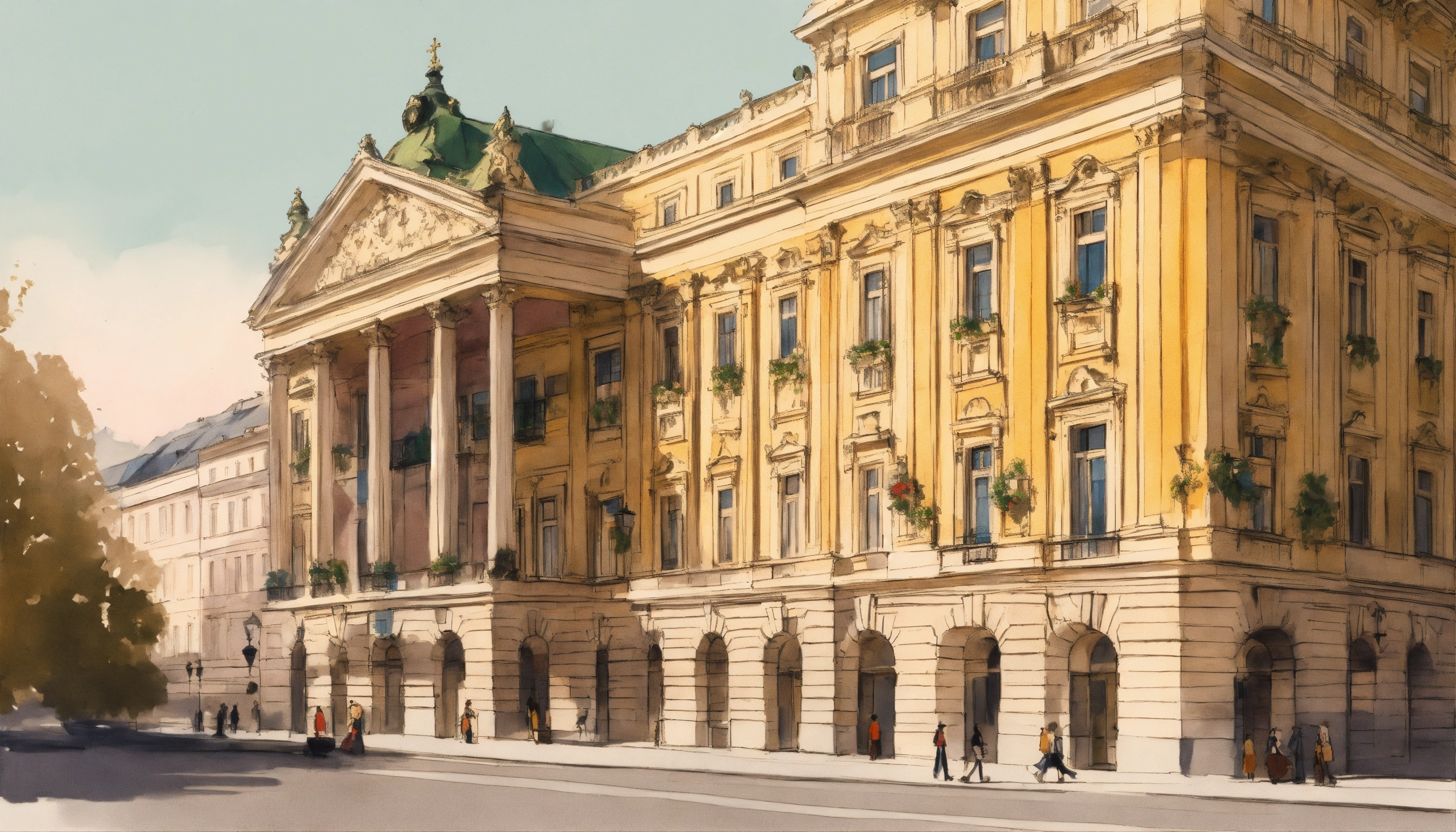 Lexica - A sketch of a vienna landmark, bright, muted colors