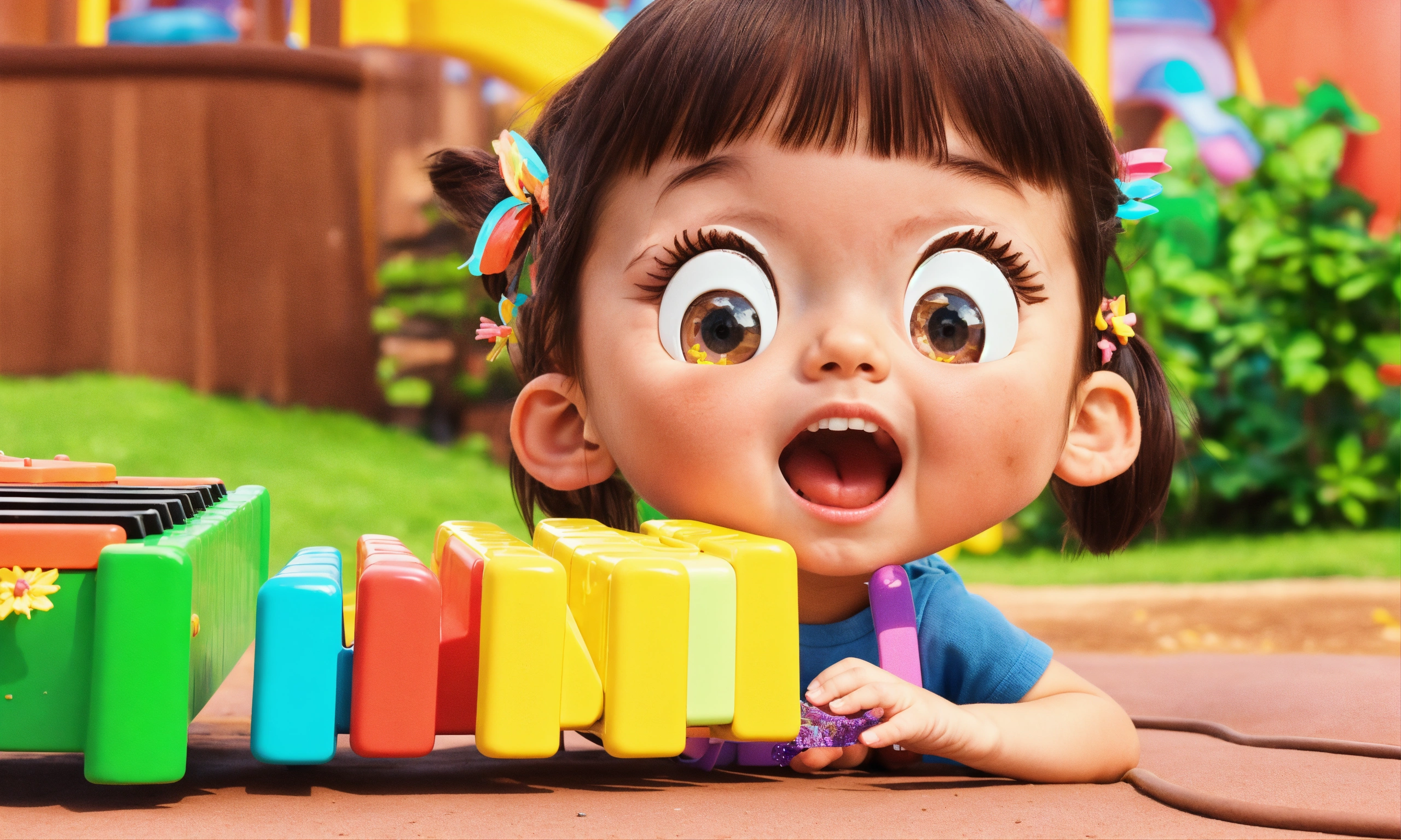 Lexica - A happy little girl on the playground playing a toy piano ...