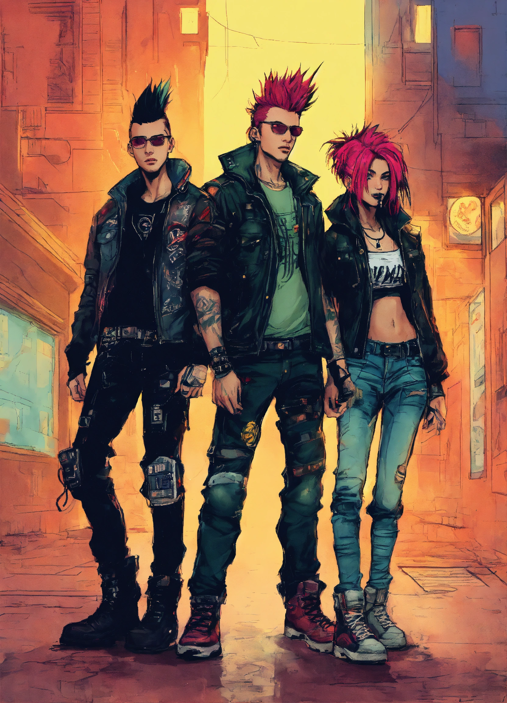 Lexica - Three cyberpunks two men and one woman, wearing t-shirts ...