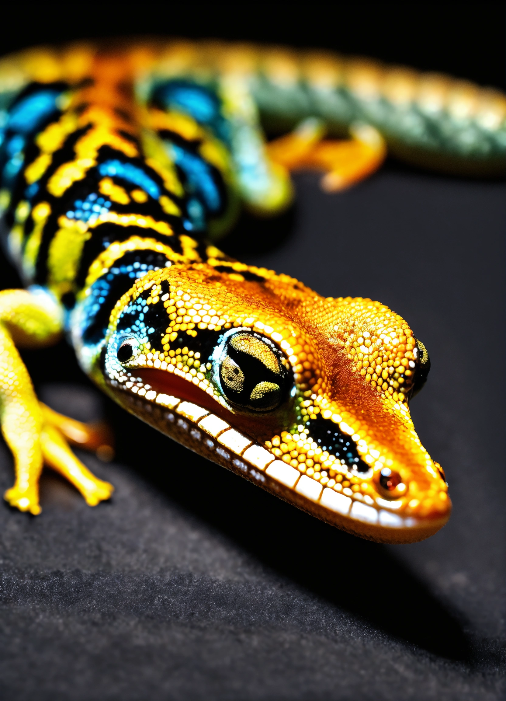 Lexica - Gecko crawling from above black background photo realistic