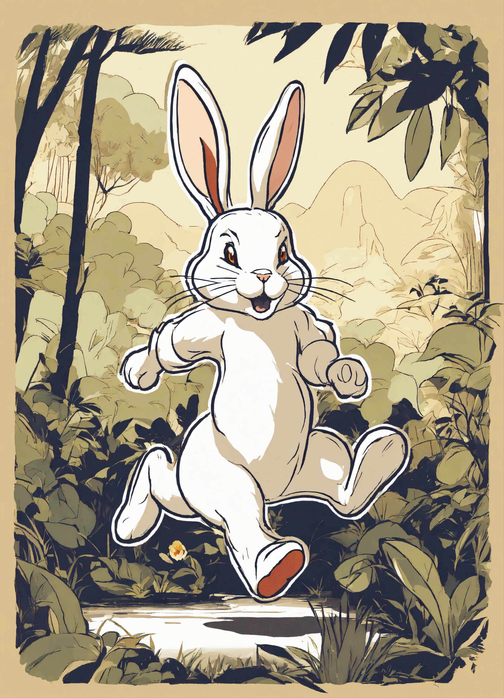 Lexica - Let cartoon big white rabbit running on two legs in jungle