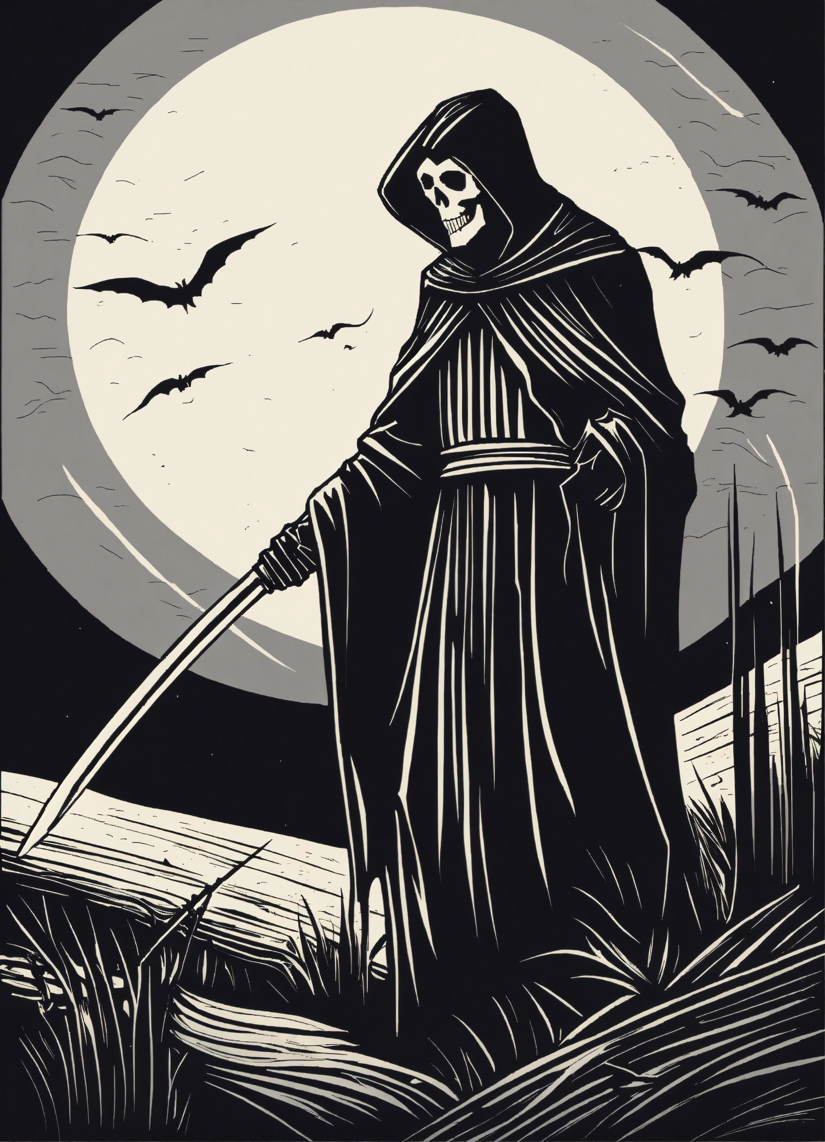 Lexica - Black and white linocut design of the grim reaper, simple ...