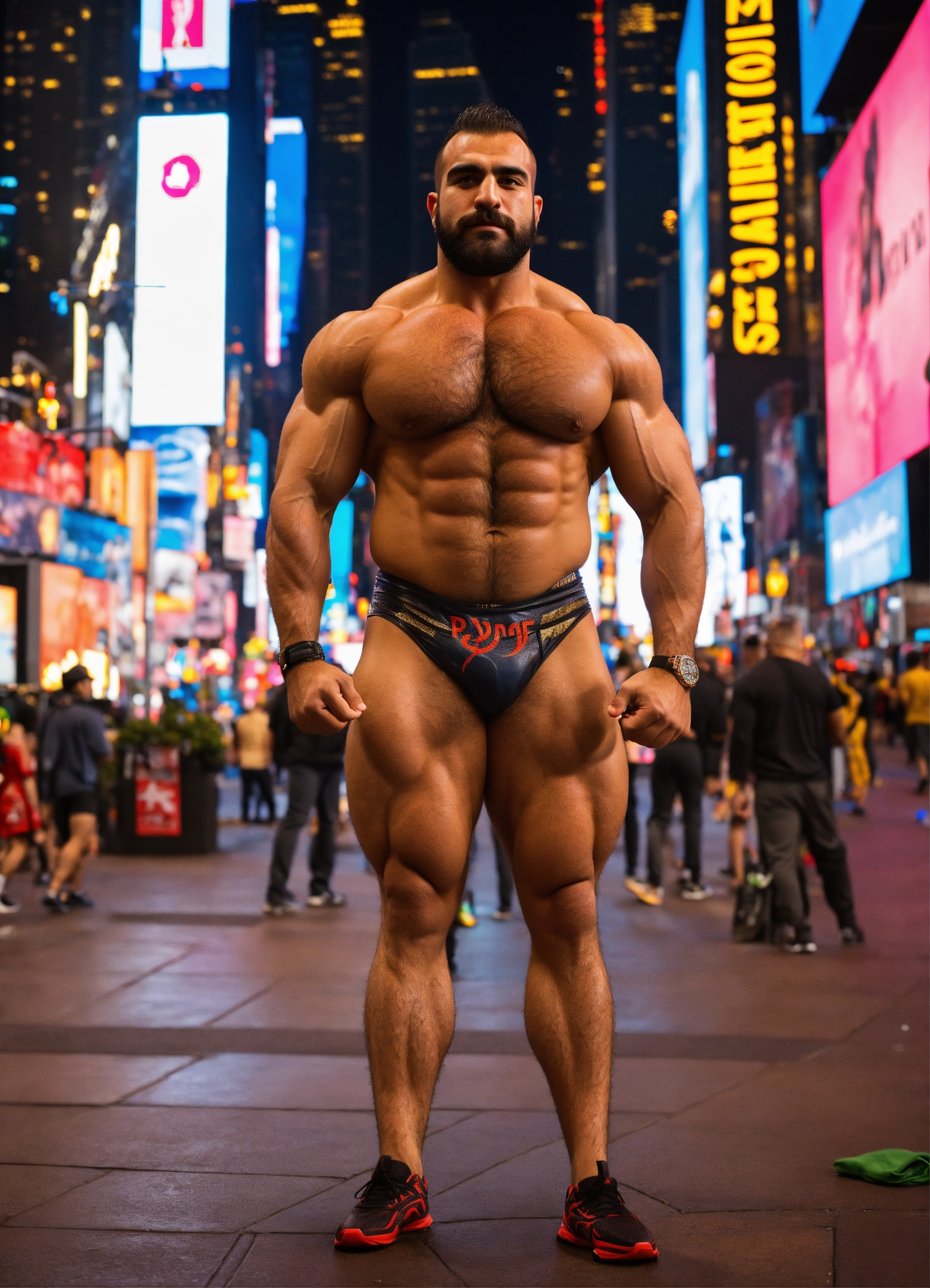 Lexica - 30-year-old hairy Turkish man with big muscles, big bodybuilder,  body like a wrestler, in Times Square at night