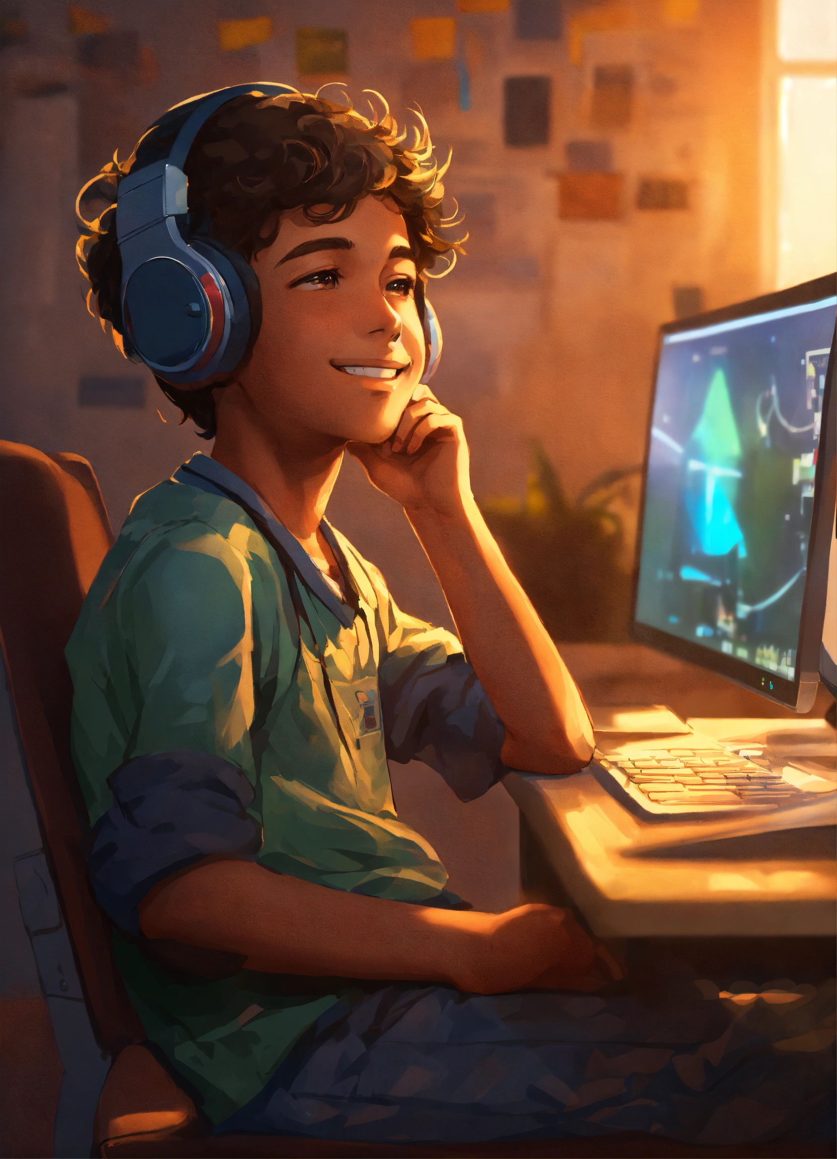 Lexica - A boy sits confidently in front of a computer, a satisfied ...