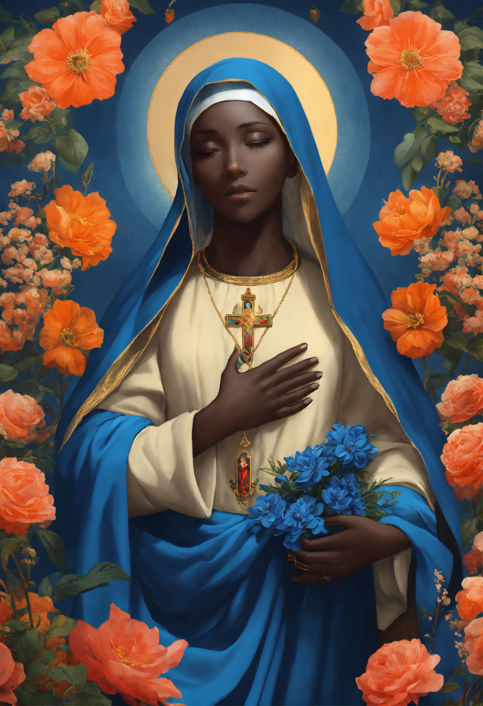 Lexica - Graphic design, Virgin mary with black skin, blue cloath, calm ...