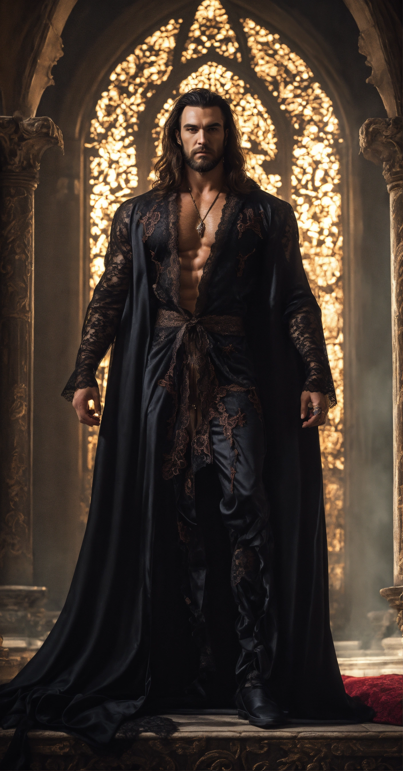Lexica - Full shot of a vampire god in beautiful sheer lace robe ...