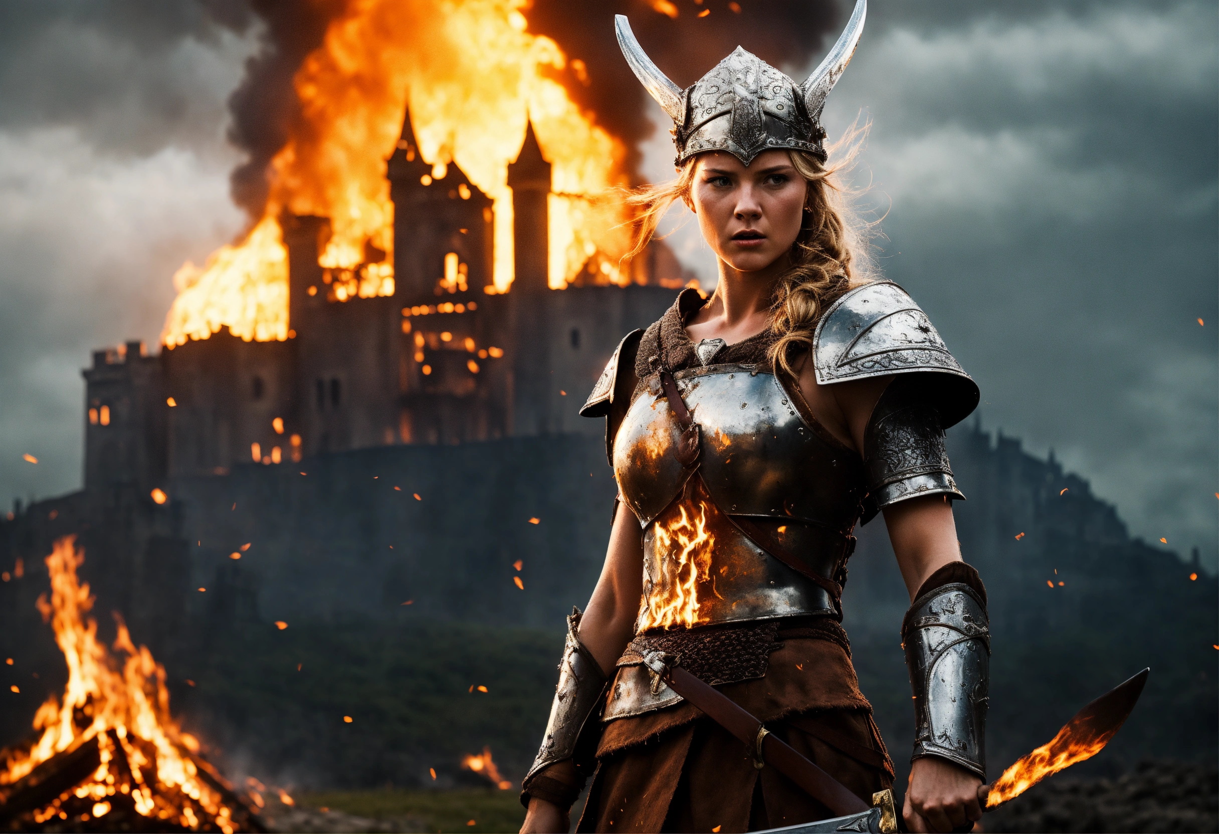 Lexica - A young slim viking female warrior in a offensive stand with a ...