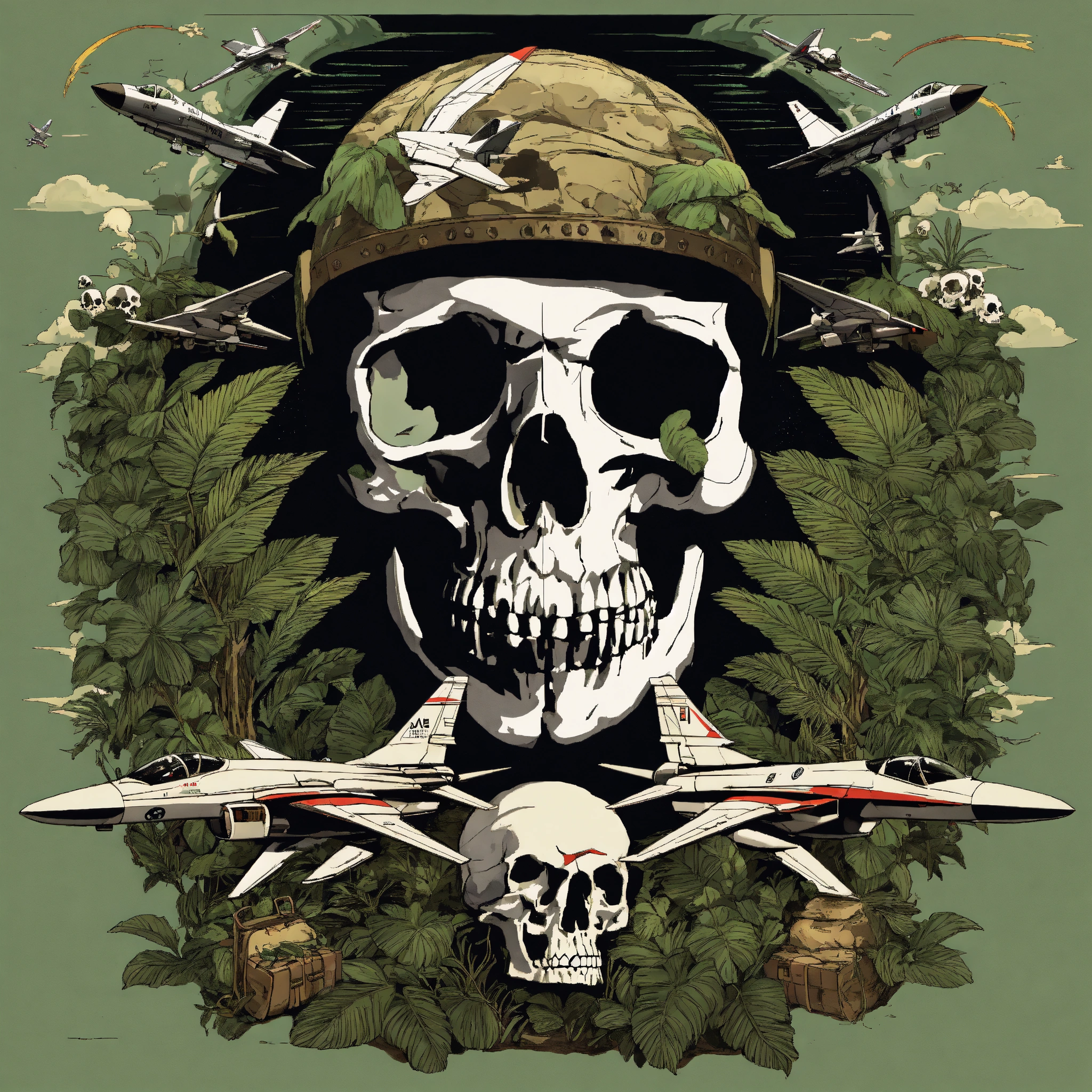 Lexica - Skull and smoke and jungle and fighter jet plane