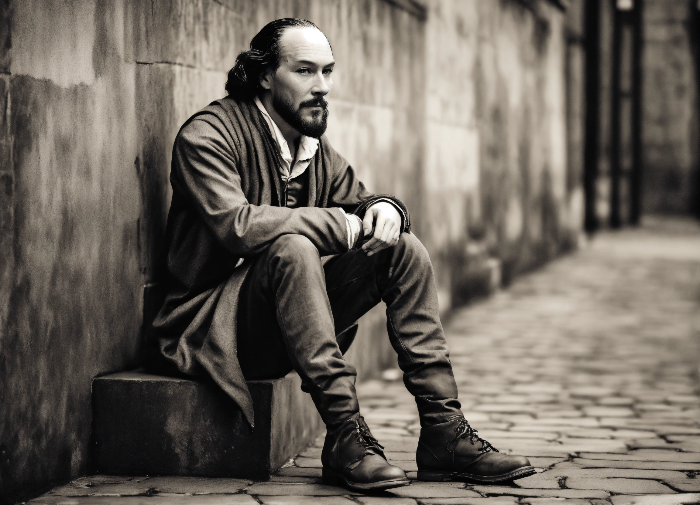 Lexica William Shakespeare sitting on a wall in greyscale, blank ink