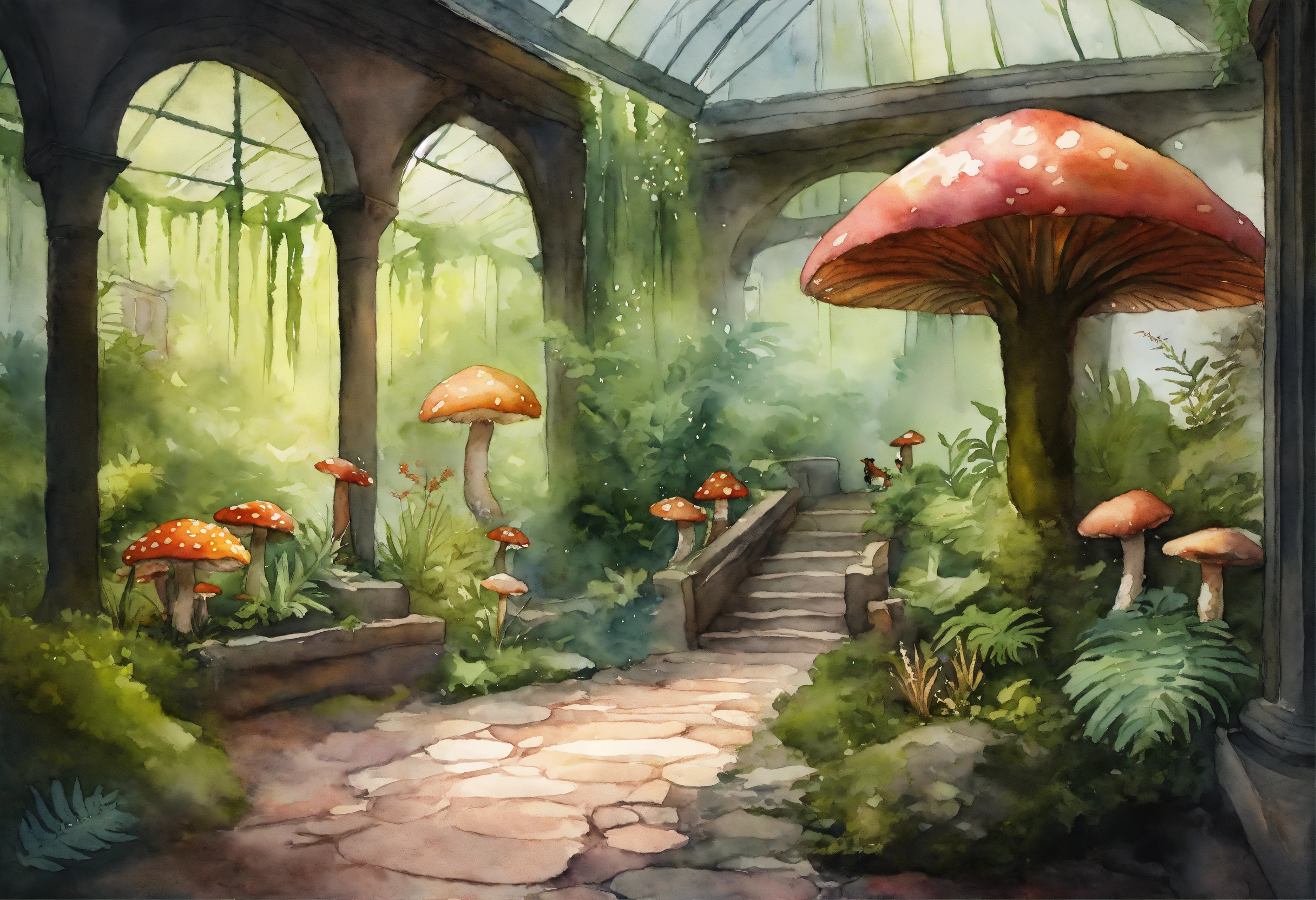 Lexica - Create an a muted watercolor winding cobblestone pathway in an ...
