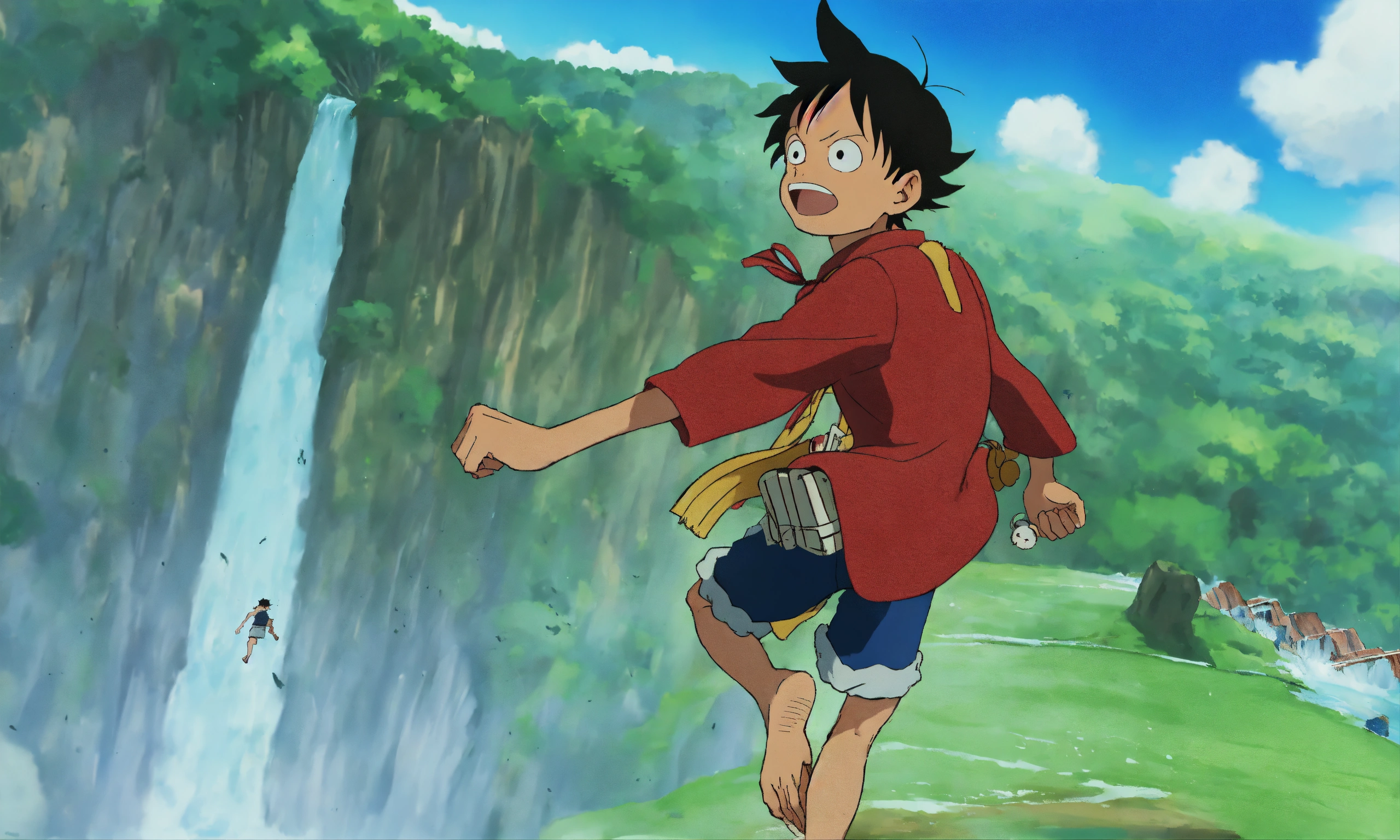 Lexica - Monkey D. Luffy running towards a large blue waterfall in the ...
