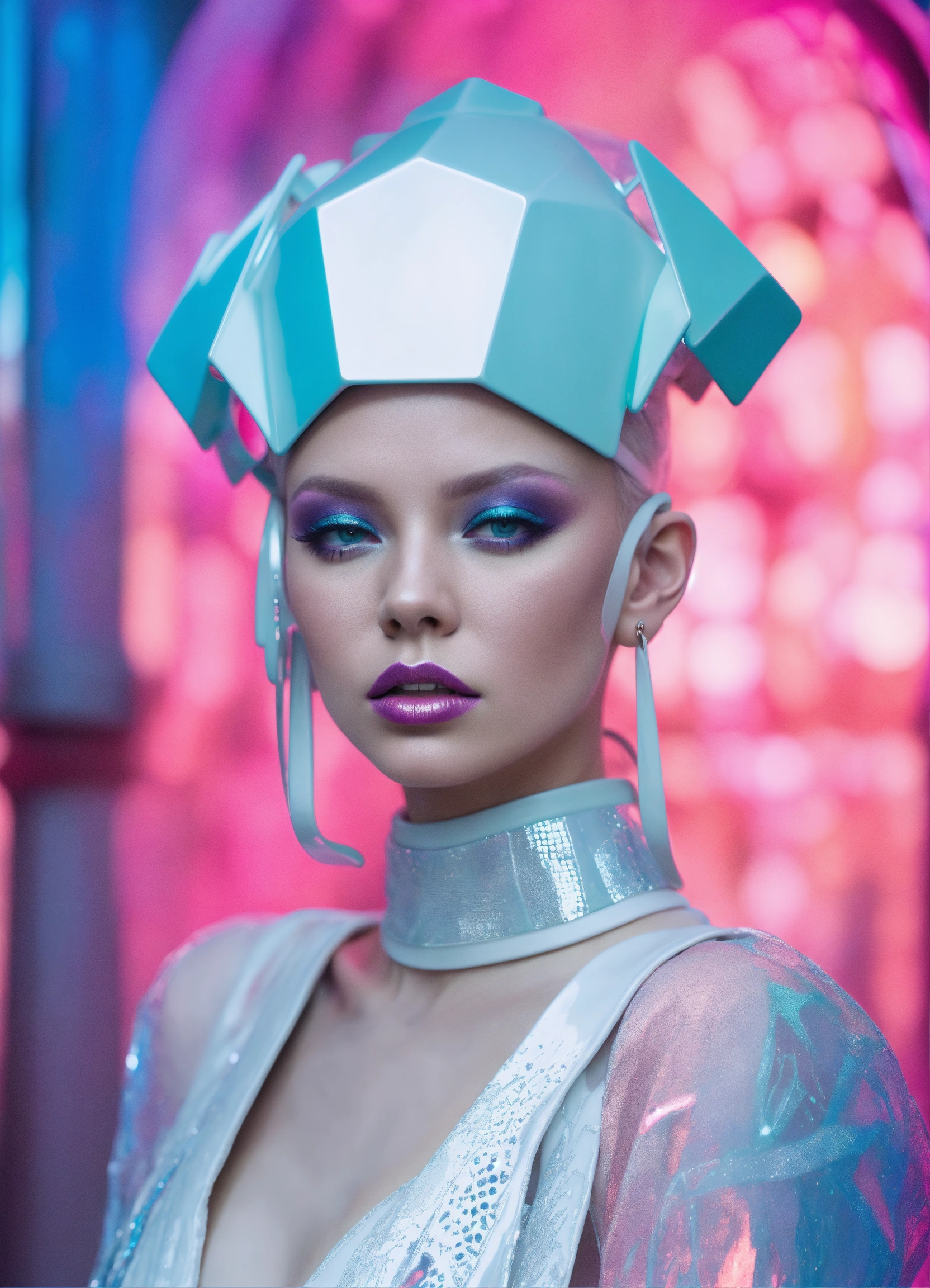 Lexica - A beautiful albino female pop artist all pastel sleek futuristic  outfit, with huge headpiece center piece, clean makeup, with depth of  field...