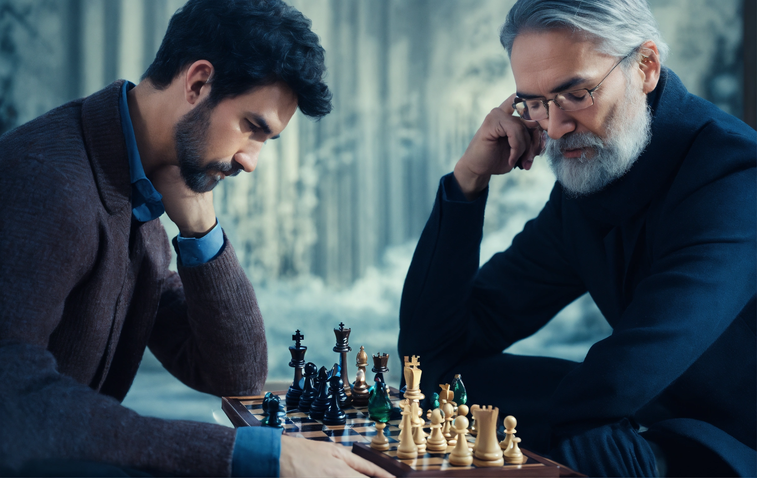 Lexica - Two masters are playing chess, with cold and advanced background