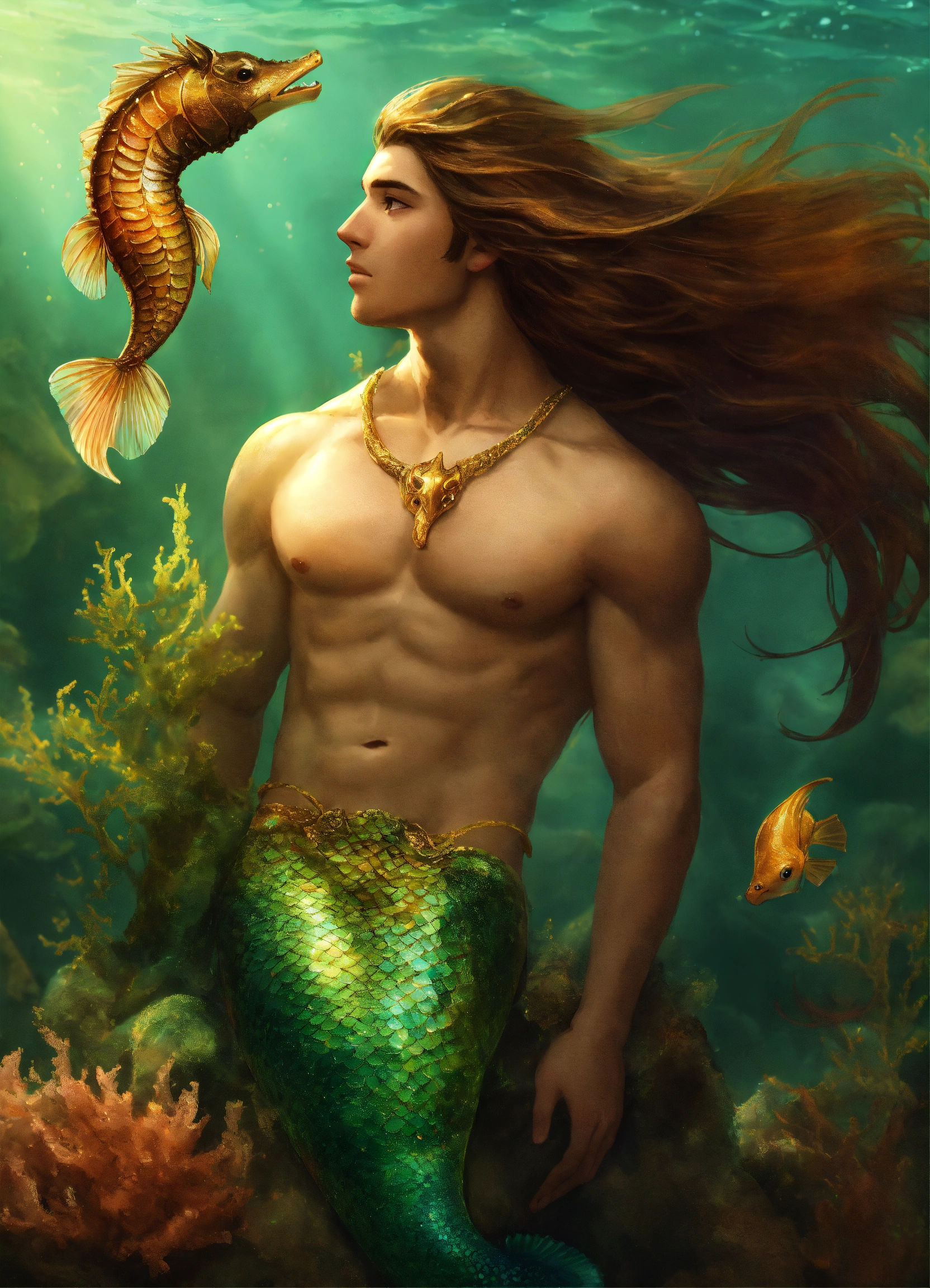 Lexica - A merman. Male. Long hair. Seahorse tail.