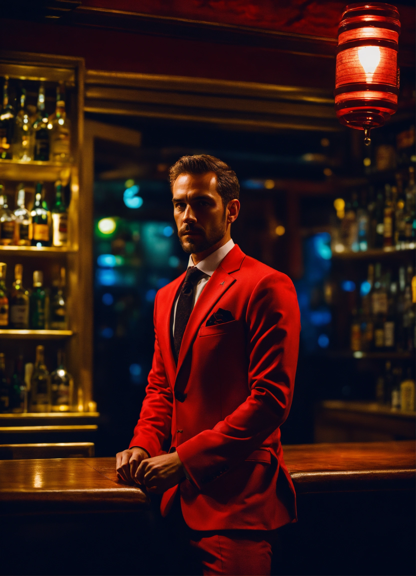 Lexica - A mysterious man in a red suit in a dark bar