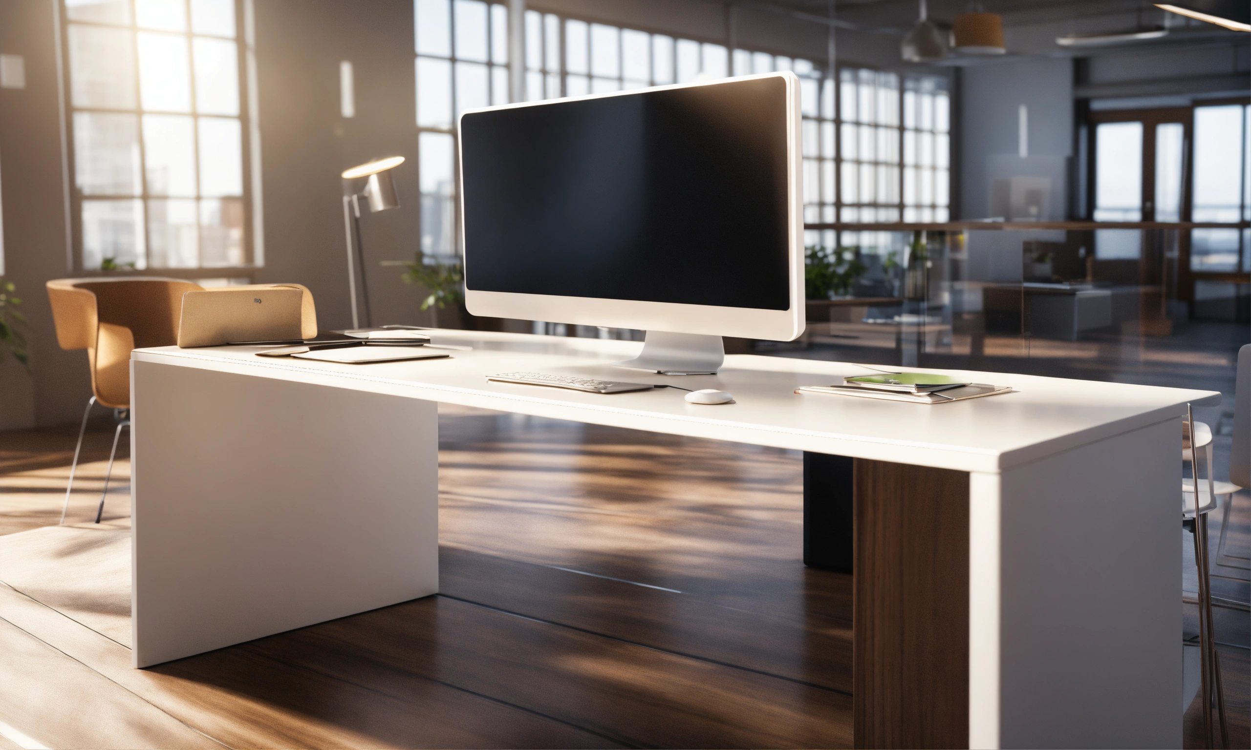 Lexica - White wood office desk, close up, cubic office, computer ...