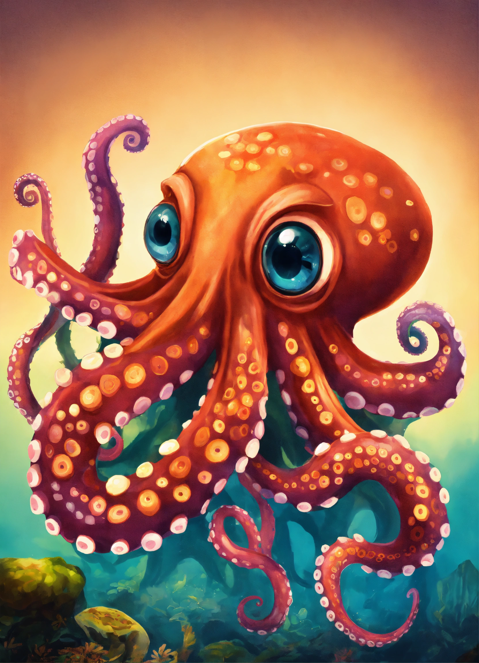 Lexica - Octopuses, 8 tentacles, big eyes, big fang, cartoon