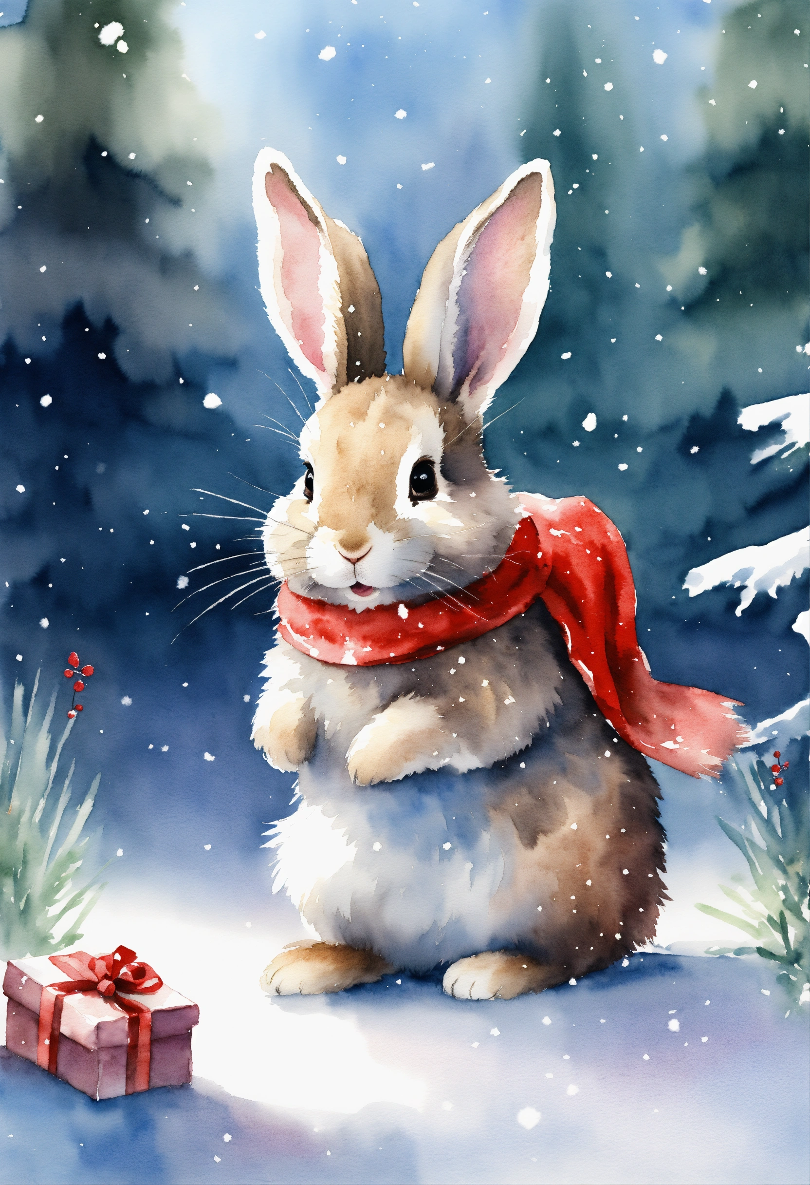 Lexica - A cute happy rabbit in forest with Christmas hat , presents ...