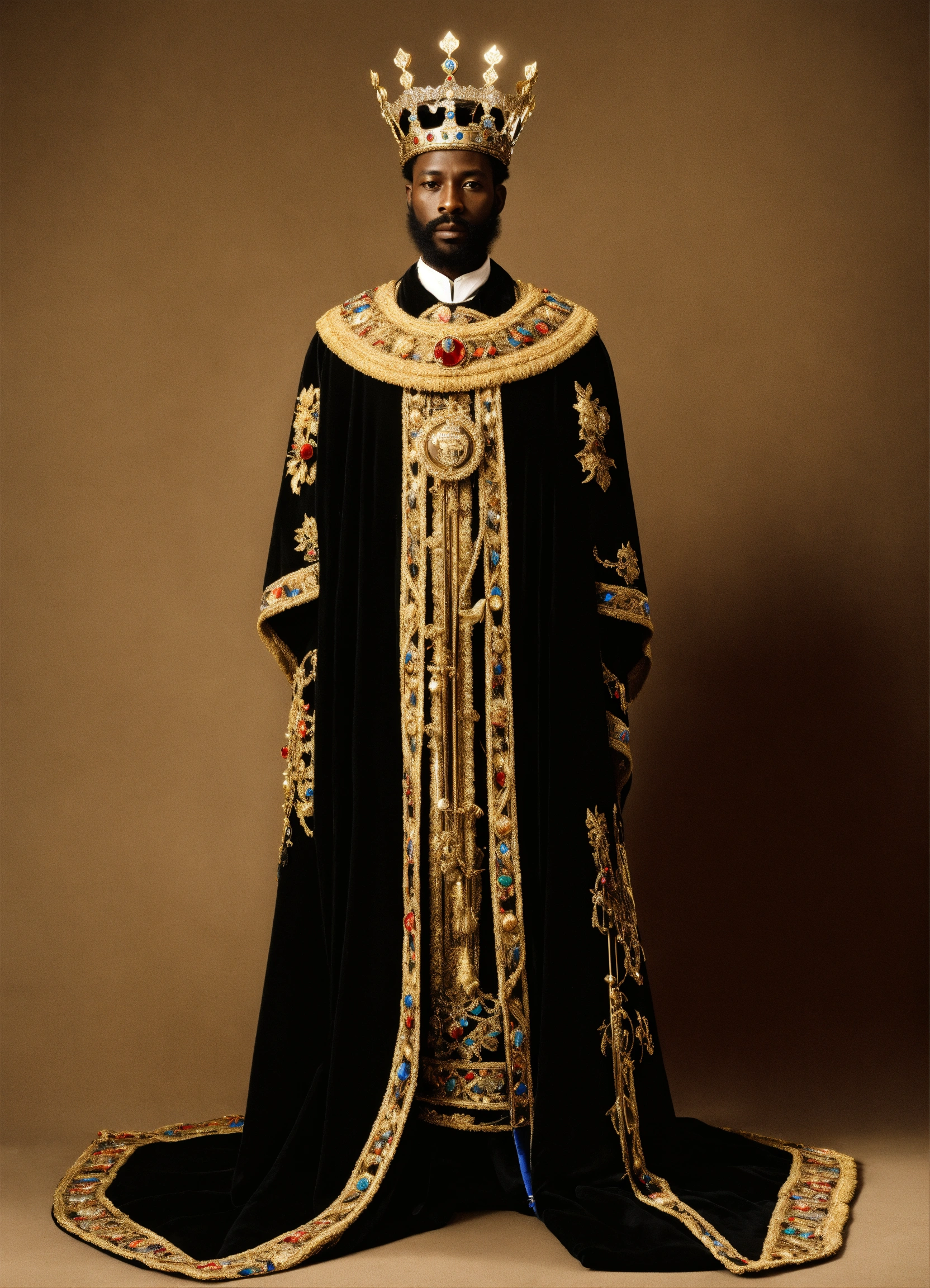 Lexica - A black king coronation robe, crown and staff