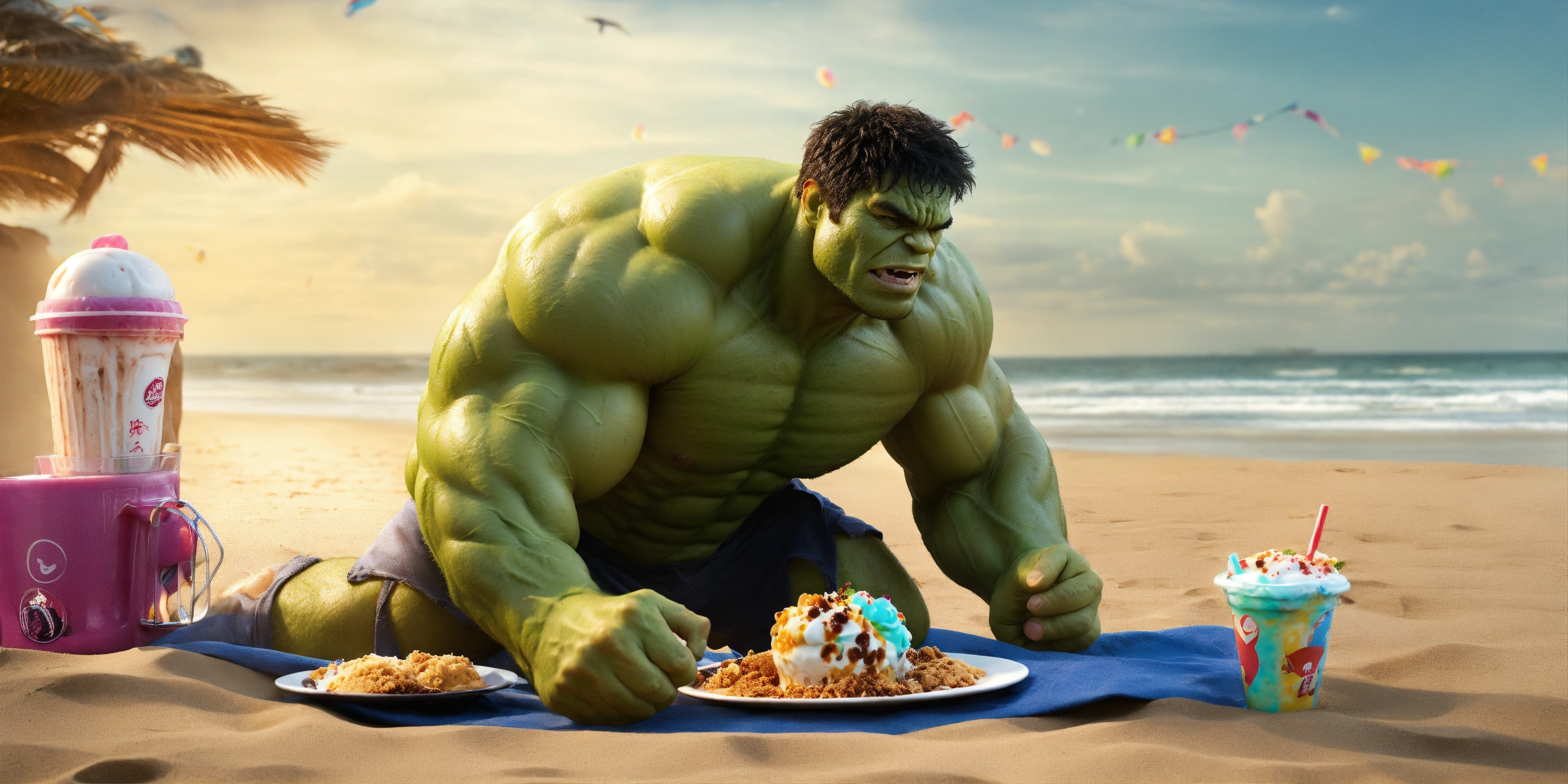 Lexica - Hulk na praia, comendo sorvete e milkshake de casquinha em 8k