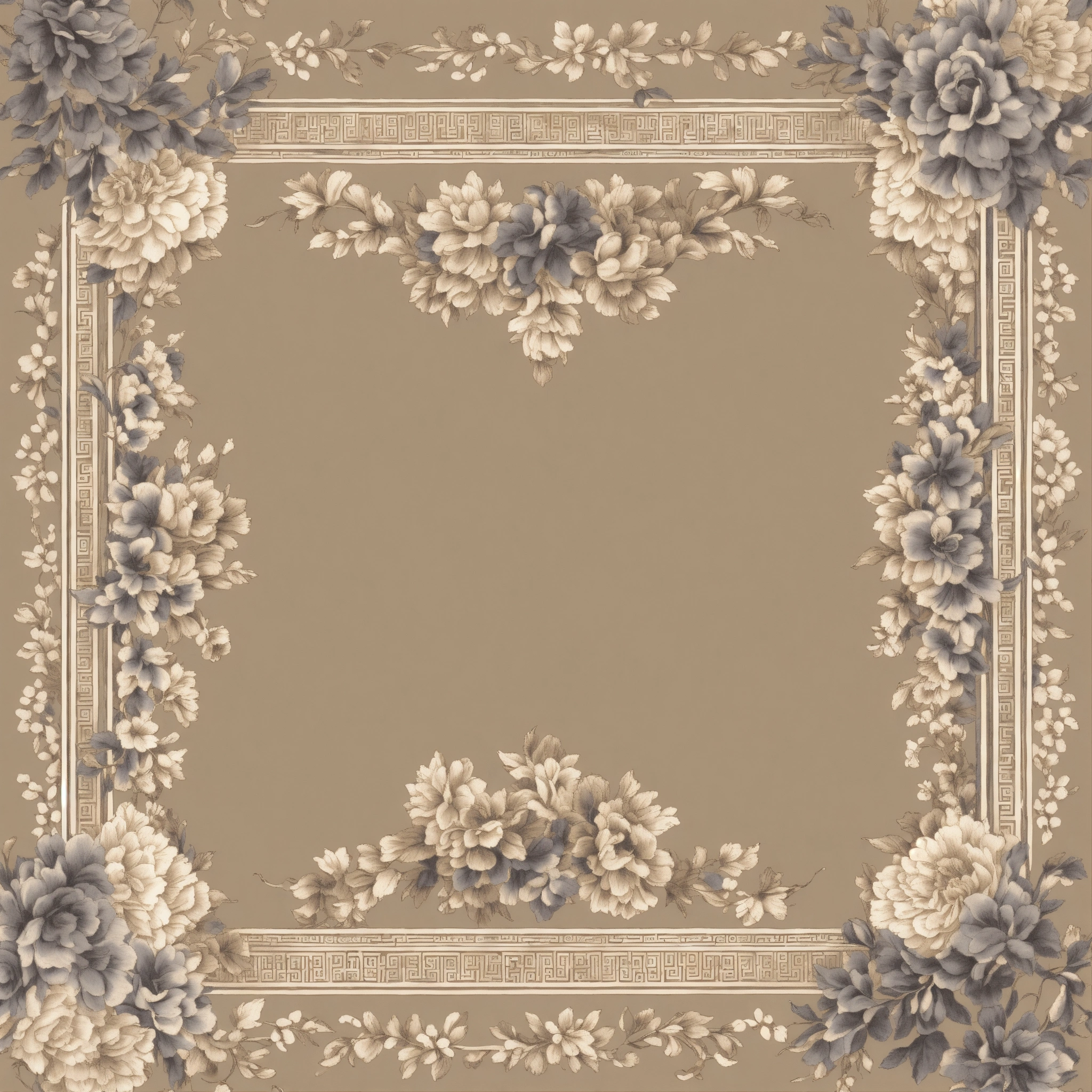 Lexica - Create a floral greek key toile pattern. Creme taupe grey tones