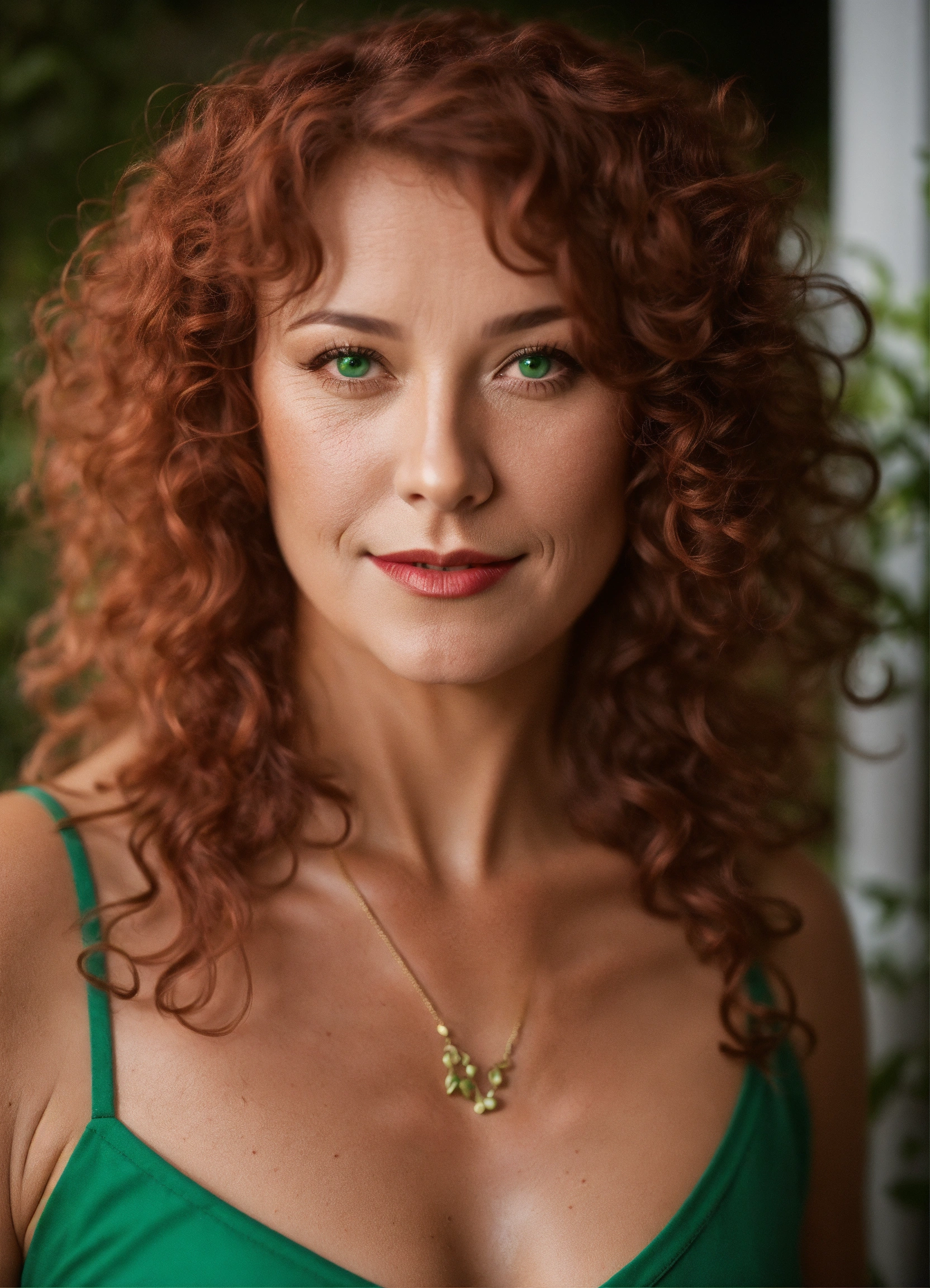 Lexica - Adult woman, 50 years old, red, curly hair, green eyes, plump lips