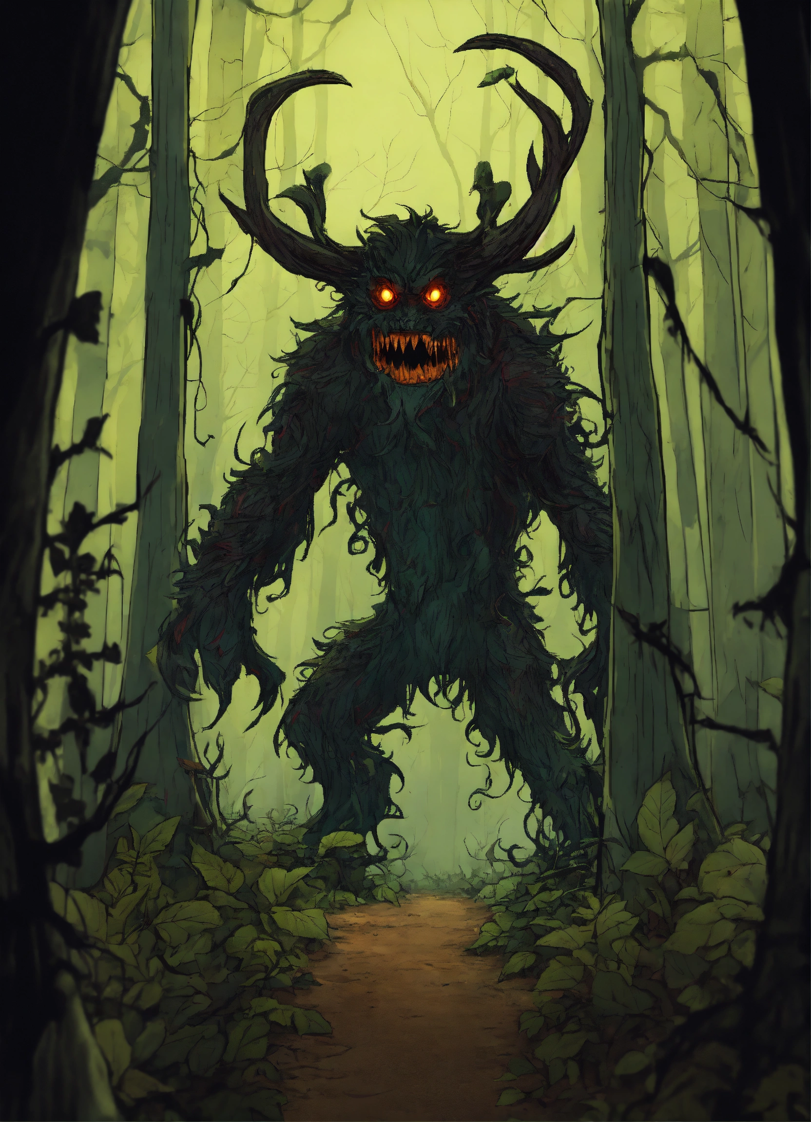 Lexica - Terrifying monster, nightmare, in a dark forest, cartoon, cell ...