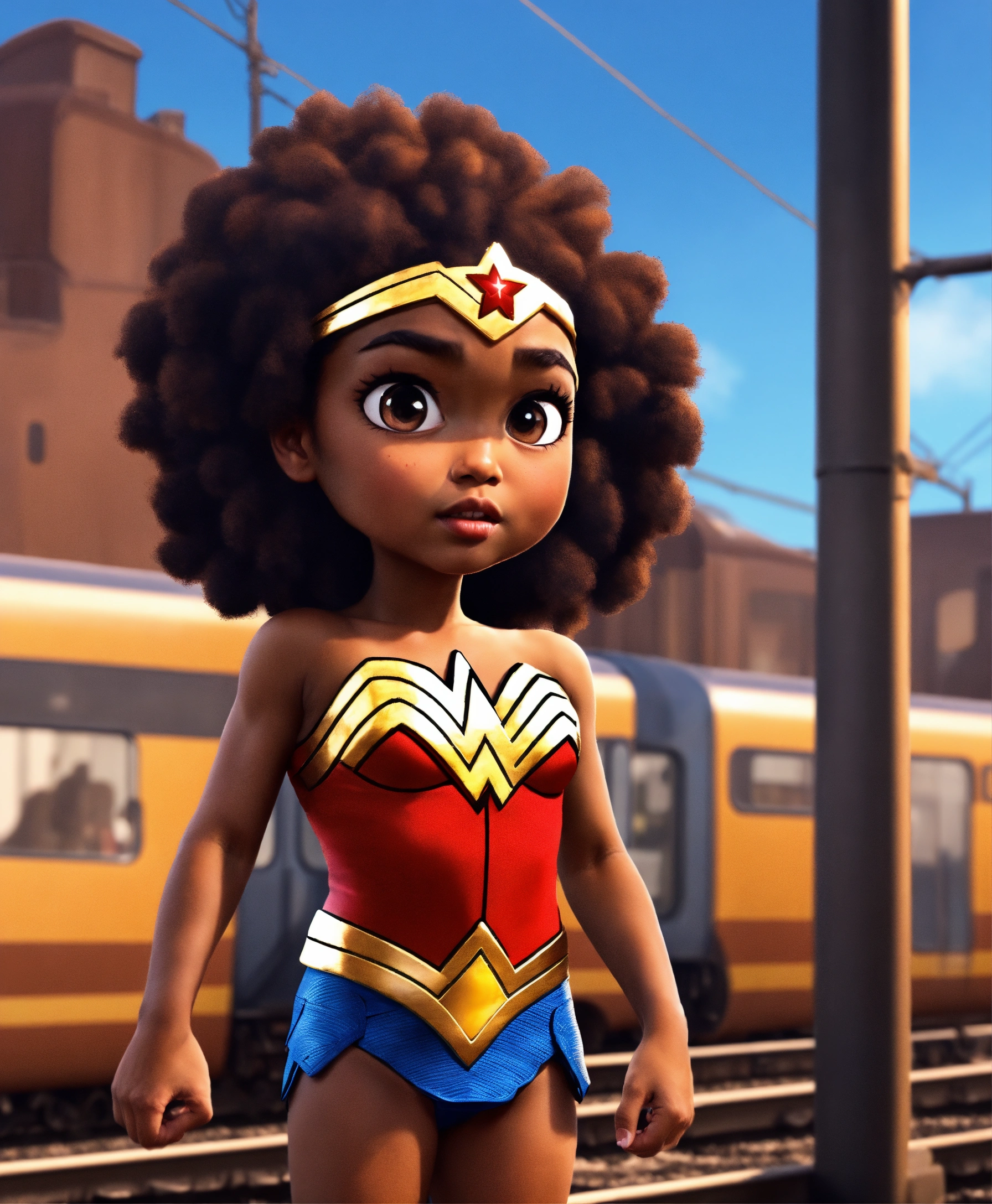 Lexica - Brown skin Wonder Woman , little girl, train, standing, afro ...