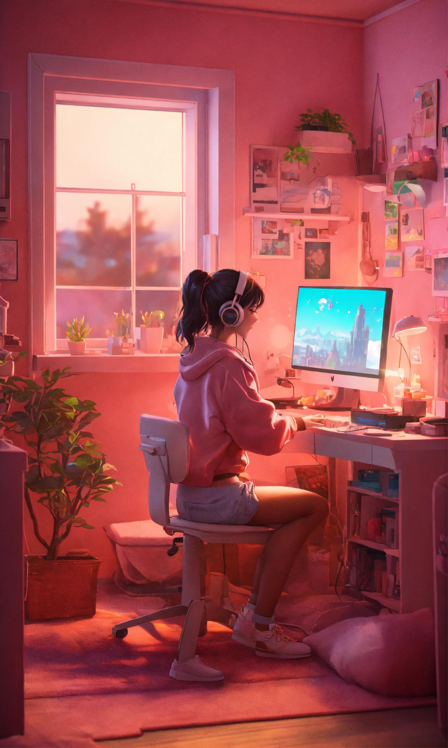 Lexica - Cute lofi girl in front of his computer in her cozy and messy ...