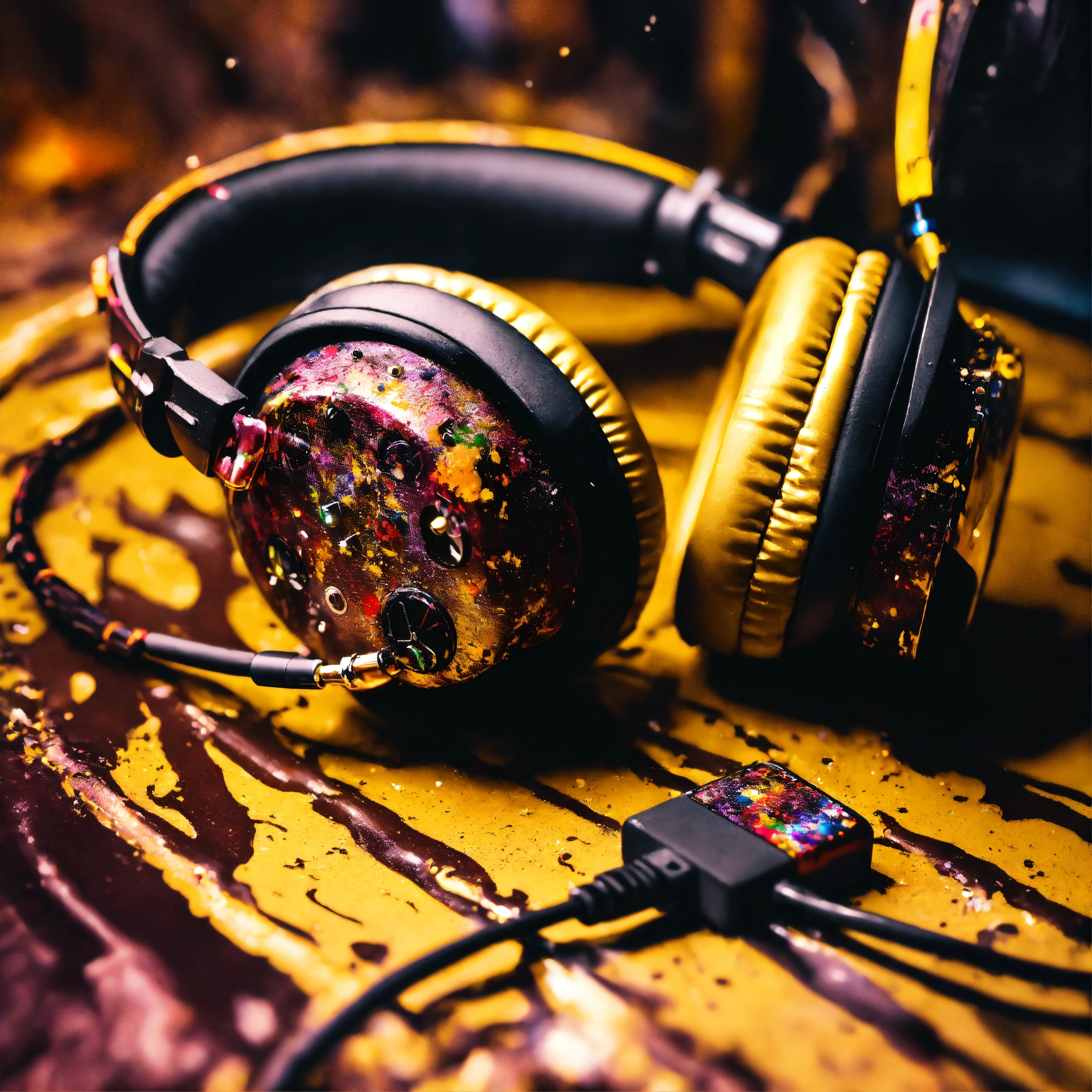 Lexica - Drip paint headset. USB-c cables tangled with HDMI cables ...