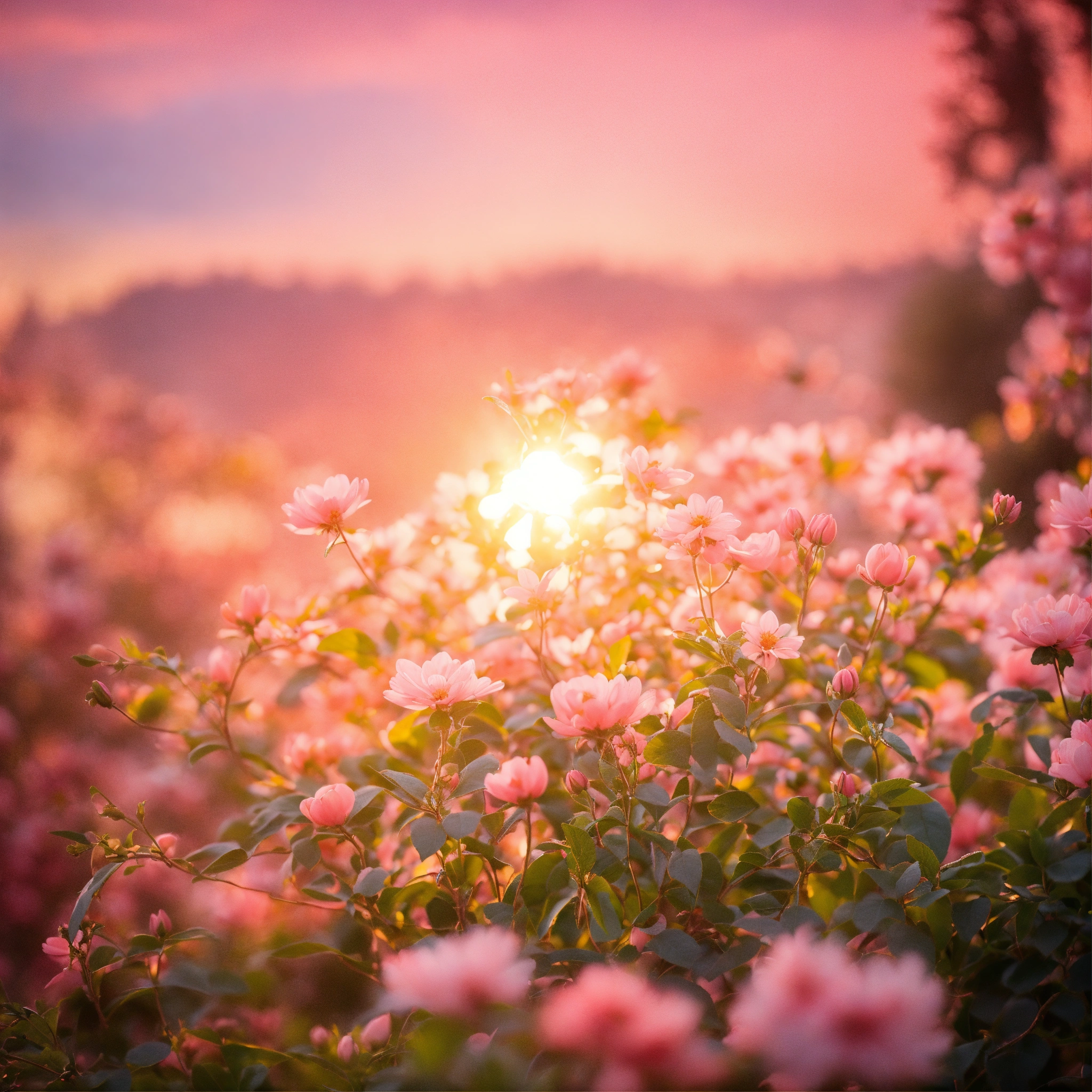Lexica - Peachy pink loops with blurry flowers and the sun