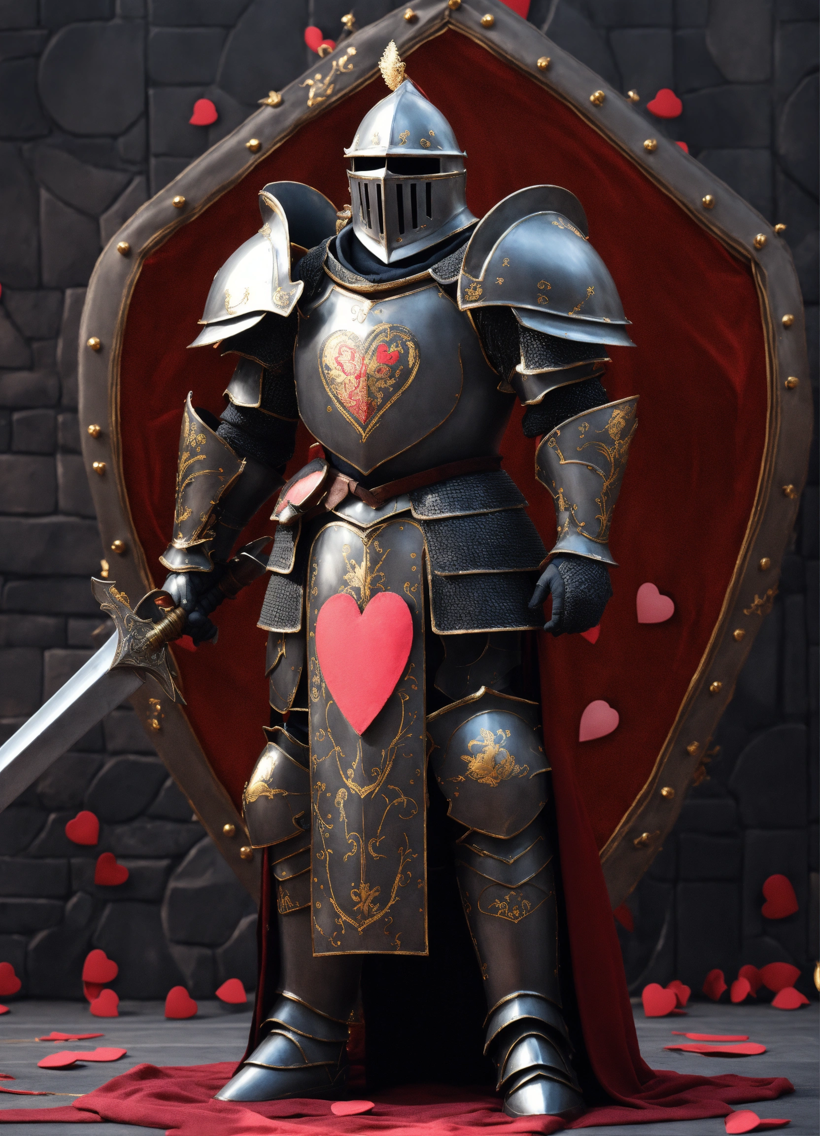 Lexica - Tall bulky knight in dark gray armor with heart shaped ...